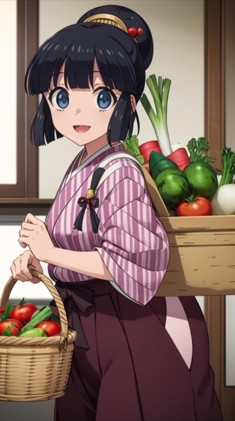 (masterpiece, best quality),ray tracing,absurdres, HDR,robot, yagasuri, 1girl, eggplant, solo, japanese clothes, black hair, carrot, cucumber, kimono, vegetable, purple hakama, closed mouth, basket, blue eyes, tomato, hair ornament, hakama skirt, radish, hakama, short hair, smile, food, looking at viewer, transparent background, tasuki, spring onion, skirt, bangs, hair stick, :d, <lora:robot:0.7>