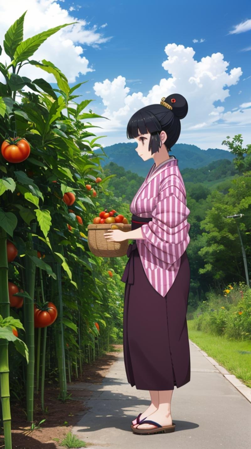 (masterpiece, best quality),ray tracing,absurdres, HDR,robot, 1girl, solo, black hair, japanese clothes, outdoors, tasuki, yagasuri, basket, sandals, single hair bun, day, kimono, hair bun, bamboo, sky, tomato, cloud, nature, hakama, standing,  full body, hair ornament <lora:robot:0.7>