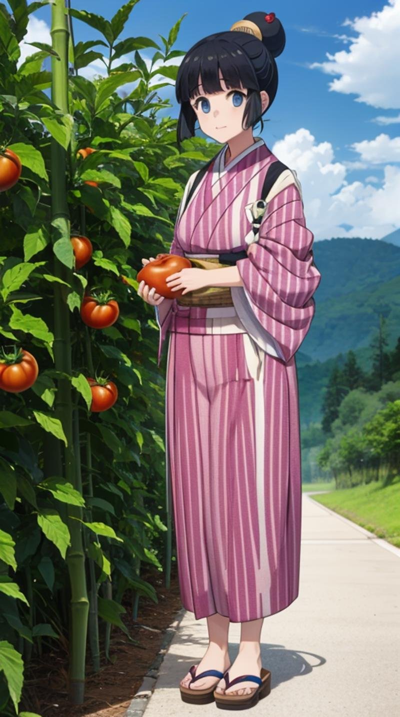 (masterpiece, best quality),ray tracing,absurdres, HDR,robot, 1girl, solo, black hair, japanese clothes, outdoors, tasuki, yagasuri, basket, sandals, single hair bun, day, kimono, hair bun, bamboo, sky, tomato, cloud, nature, hakama, standing,  full body, hair ornament,blue eyes ,looking at viewer,<lora:robot:0.7>