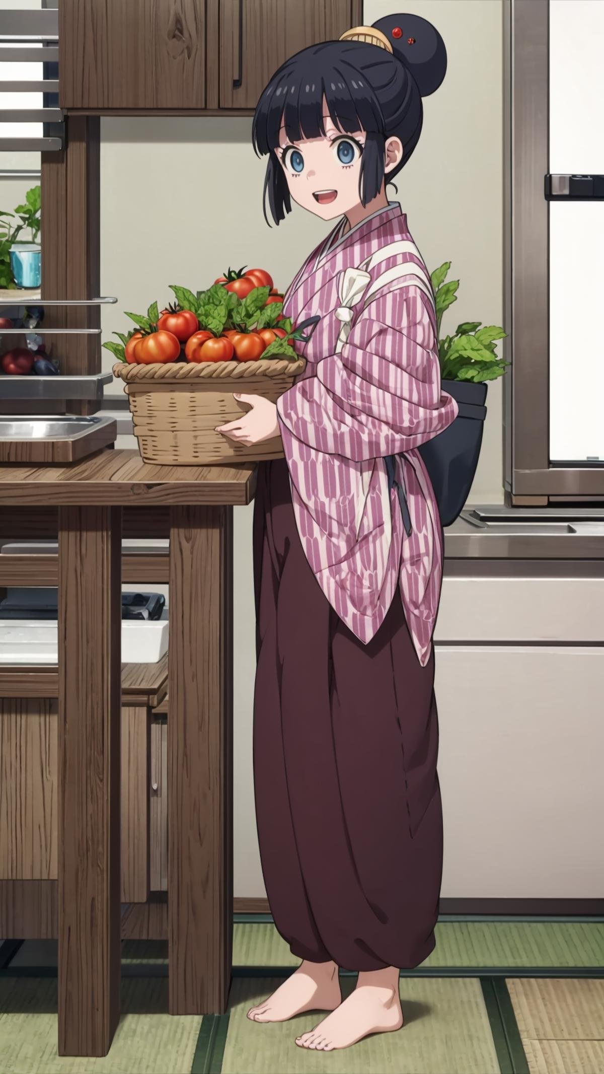 (masterpiece, best quality),ray tracing,absurdres, HDR,robot, 1girl, solo, black hair, barefoot, japanese clothes, eggplant, single hair bun, indoors, hair bun, kimono, standing, open mouth, vegetable, smile, bangs, food, basket, tomato, kitchen, blue eyes, pants, apron, full body, , :d, short hair, hair ornament, hakama,<lora:robot:0.8>