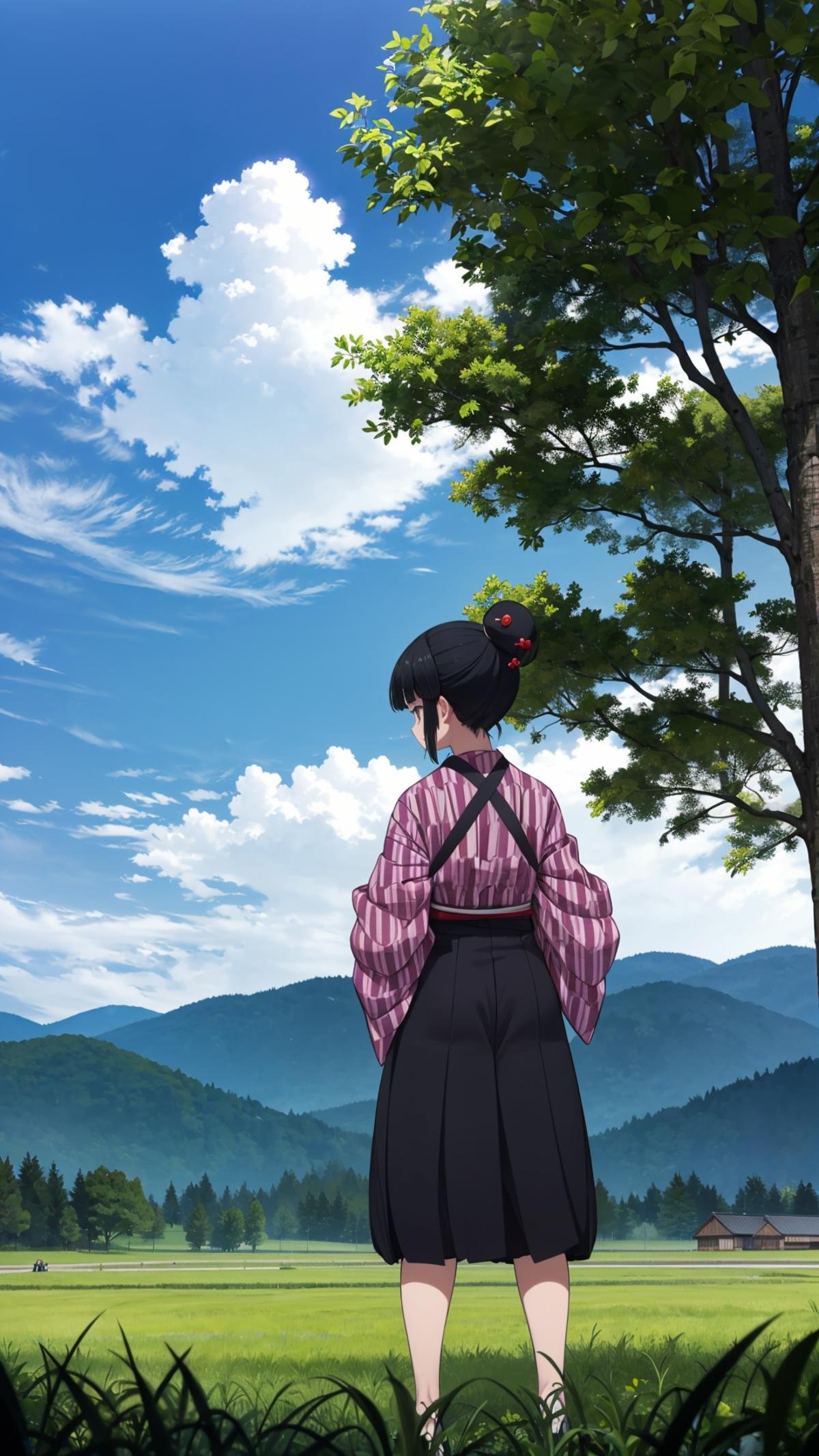 (masterpiece, best quality),ray tracing,absurdres, HDR,robot, 1girl, solo, outdoors, japanese clothes, black hair, from behind, day, grass, sky, kimono, nature, cloud, standing, short hair, hair ornament, hakama, blue sky, mountain, hakama skirt, tree, skirt, facing away, <lora:robot:0.7>