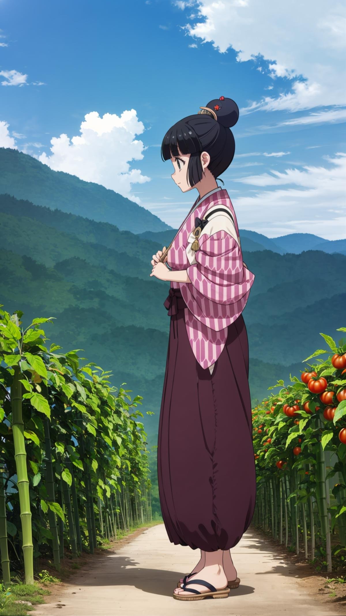 (masterpiece, best quality),ray tracing,absurdres, HDR,robot, 1girl, solo, black hair, japanese clothes, outdoors, tasuki, yagasuri, basket, sandals, single hair bun, day, kimono, hair bun, bamboo, sky, tomato, cloud, nature, hakama, standing, profile, from side, full body, hair ornament<lora:robot:0.8>