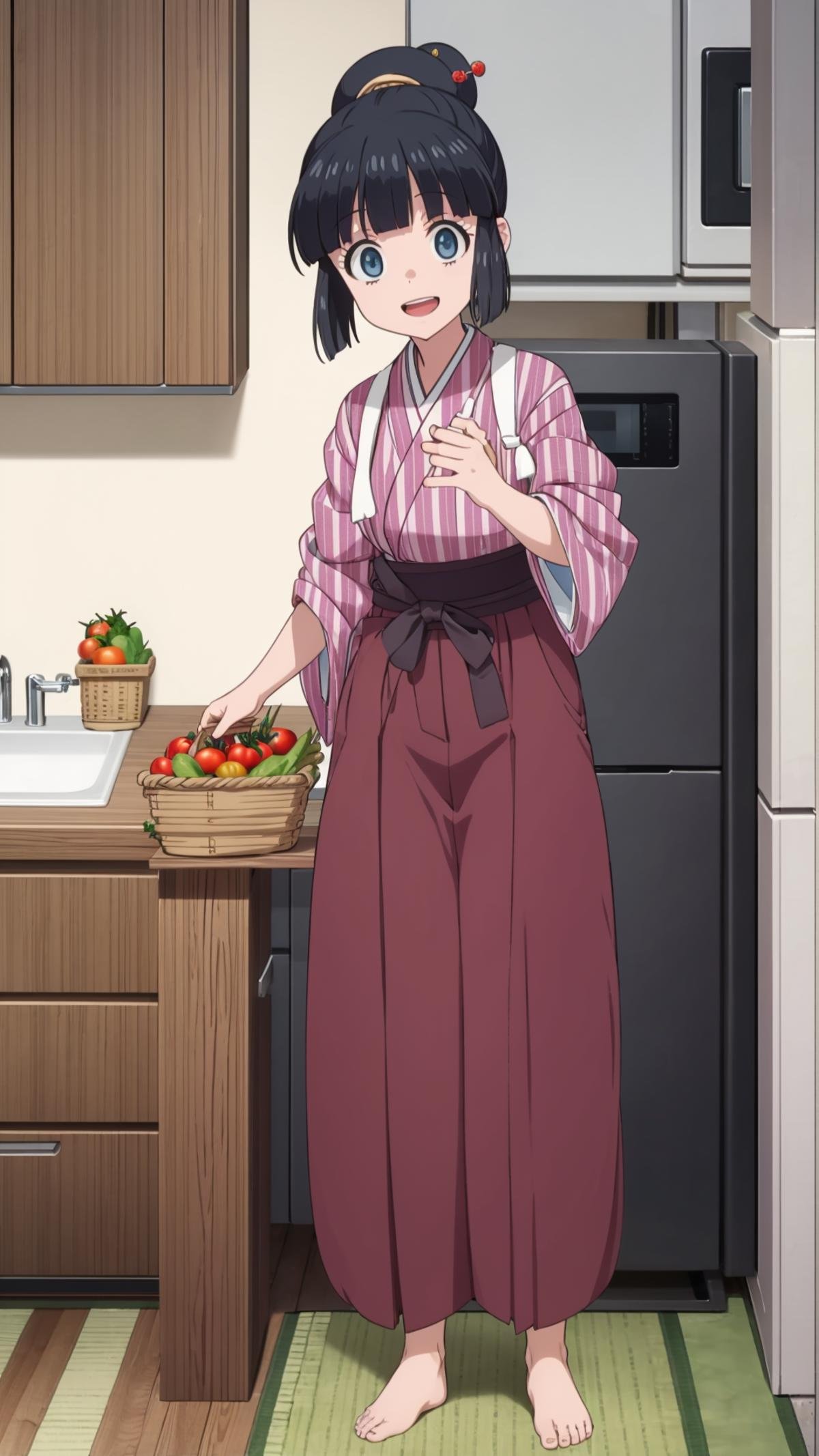 (masterpiece, best quality),ray tracing,absurdres, HDR,robot, 1girl, solo, black hair, barefoot, japanese clothes, eggplant, single hair bun, indoors, hair bun, kimono, standing, open mouth, vegetable, smile, bangs, food, basket, tomato, kitchen, blue eyes, pants, apron, full body, , :d, short hair, hair ornament, hakama,looking at viewer,<lora:robot:0.8>