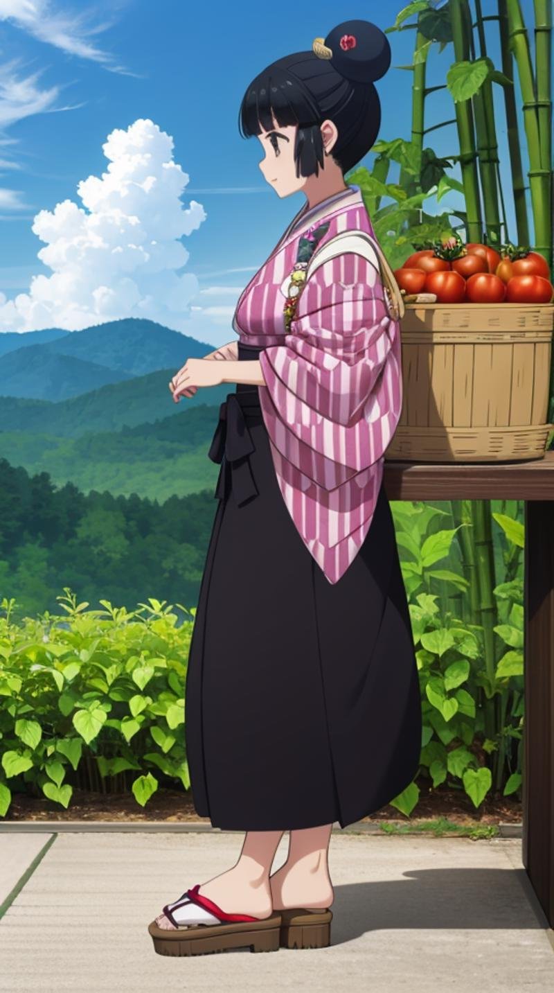 (masterpiece, best quality),ray tracing,absurdres, HDR,robot, 1girl, solo, black hair, japanese clothes, outdoors, tasuki, yagasuri, basket, sandals, single hair bun, day, kimono, hair bun, bamboo, sky, tomato, cloud, nature, hakama, standing, profile, from side, full body, hair ornament <lora:robot:0.7>