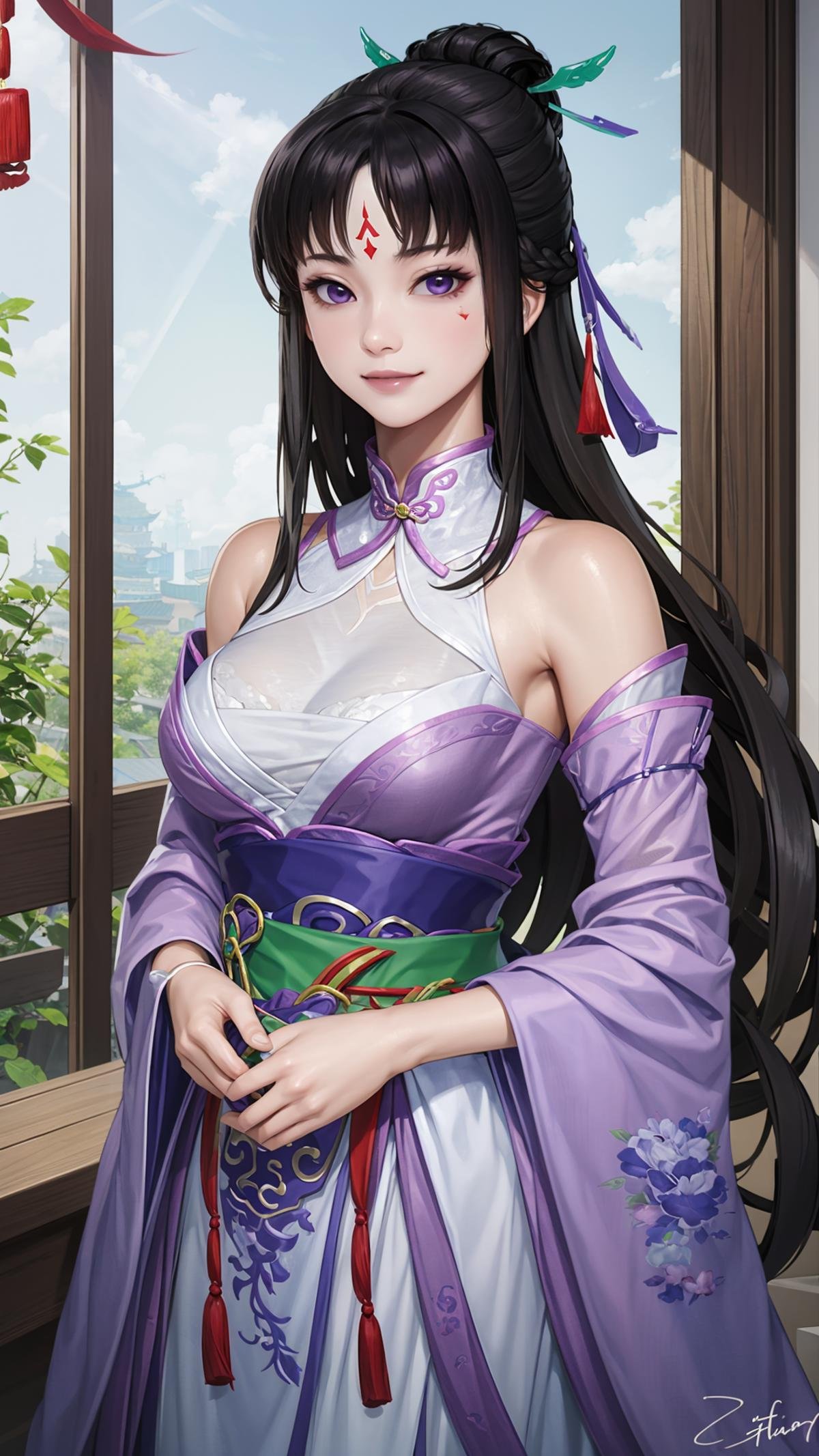 (masterpiece, best quality),ray tracing,absurdres, HDR,liumengli, jiuyou, 1girl, black hair, hair bun, , forehead mark, long hair, purple eyes, , solo, hair ornament, facial mark, yu chai, medium breasts, dress, indoors, chinese clothes, bare shoulders, sash, looking at viewer, smile,,arms at sides,Chinese architecture<lora:liumengli_jiuyou:0.7>