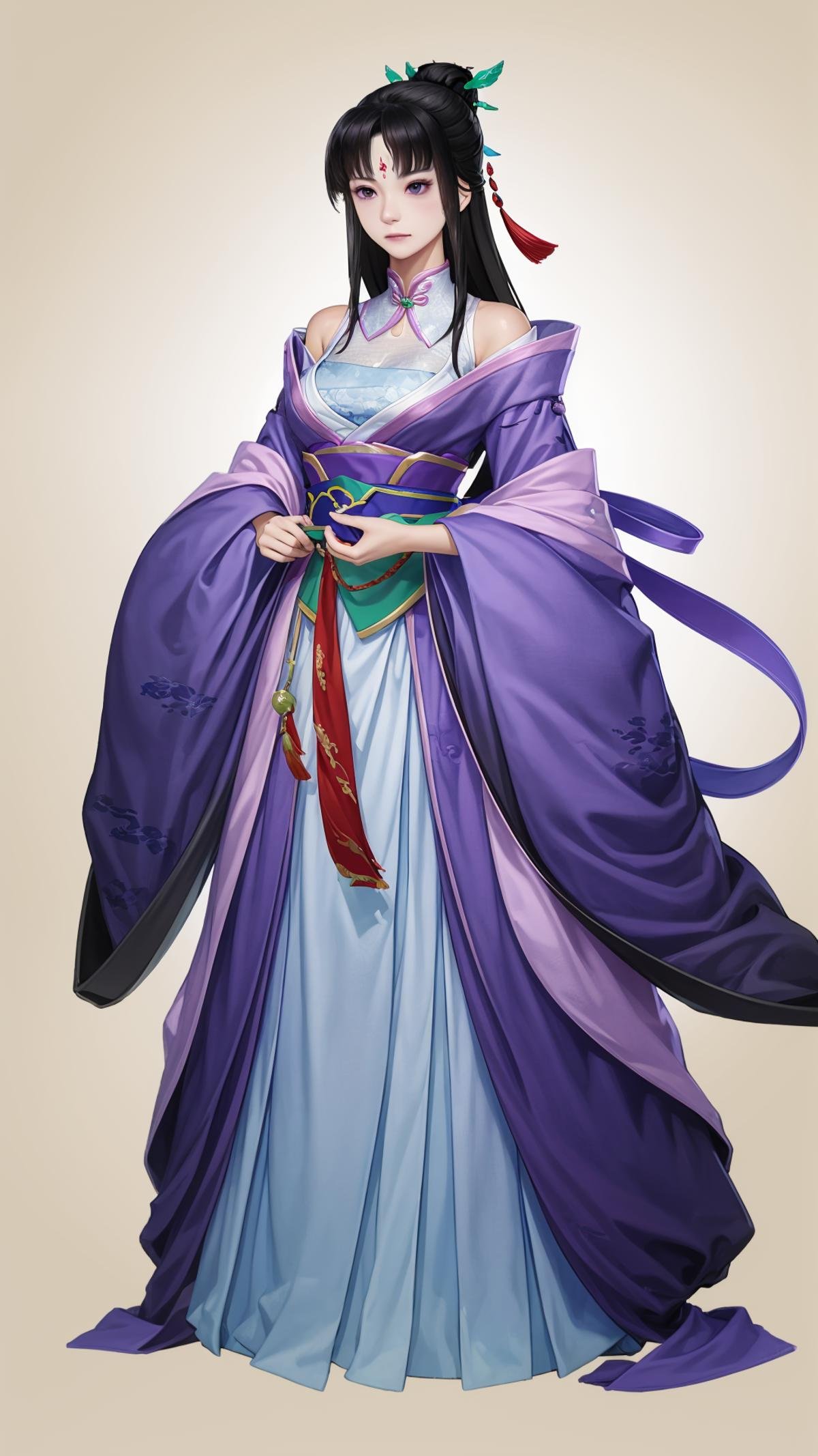 (masterpiece, best quality),ray tracing,absurdres, HDR,liumengli, jiuyou, 1girl, hair ornament, yu chai, medium breasts, black hair, purple eyes, long hair, solo, full body, dress, instrument, white background, sash, hanfu, chinese clothes, hair bun, facial mark, forehead mark, expressionless <lora:liumengli_jiuyou:0.8>