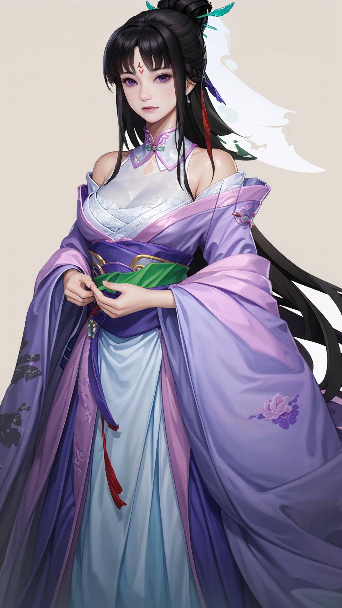 (masterpiece, best quality),ray tracing,absurdres, HDR,liumengli, jiuyou, 1girl, black hair, hair bun, , forehead mark, long hair, purple eyes, , solo, hair ornament, facial mark, yu chai, medium breasts, dress, white background, chinese clothes, bare shoulders, sash, looking at viewer, <lora:liumengli_jiuyou:0.8>