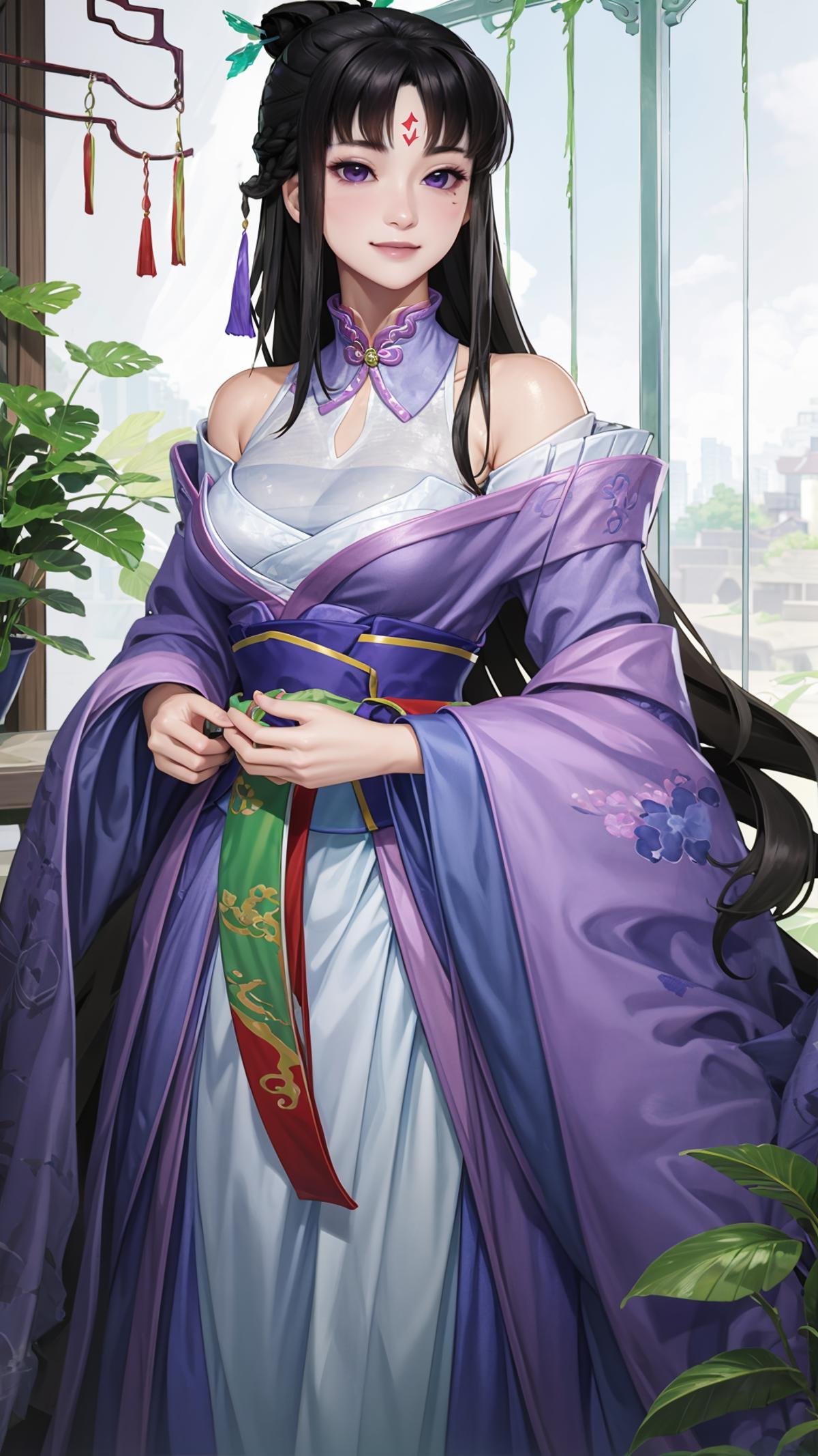 (masterpiece, best quality),ray tracing,absurdres, HDR,liumengli, jiuyou, 1girl, black hair, hair bun, , forehead mark, long hair, purple eyes, , solo, hair ornament, facial mark, yu chai, medium breasts, dress, indoors, chinese clothes, bare shoulders, sash, looking at viewer, smile,blush,<lora:liumengli_jiuyou:0.8>