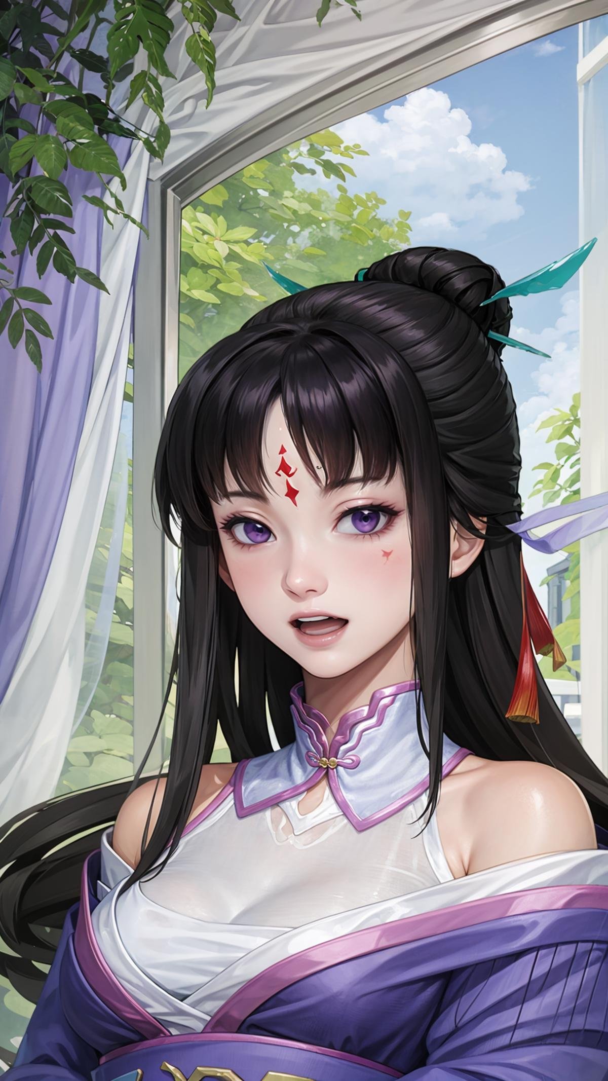 (masterpiece, best quality),ray tracing,absurdres, HDR,liumengli, jiuyou, 1girl, black hair, hair bun, , forehead mark, long hair, purple eyes, , solo, hair ornament, facial mark, yu chai, medium breasts, dress, indoors, chinese clothes, bare shoulders, sash, looking at viewer, smile,blush,arms at sides,open open mouth, <lora:liumengli_jiuyou:0.8>