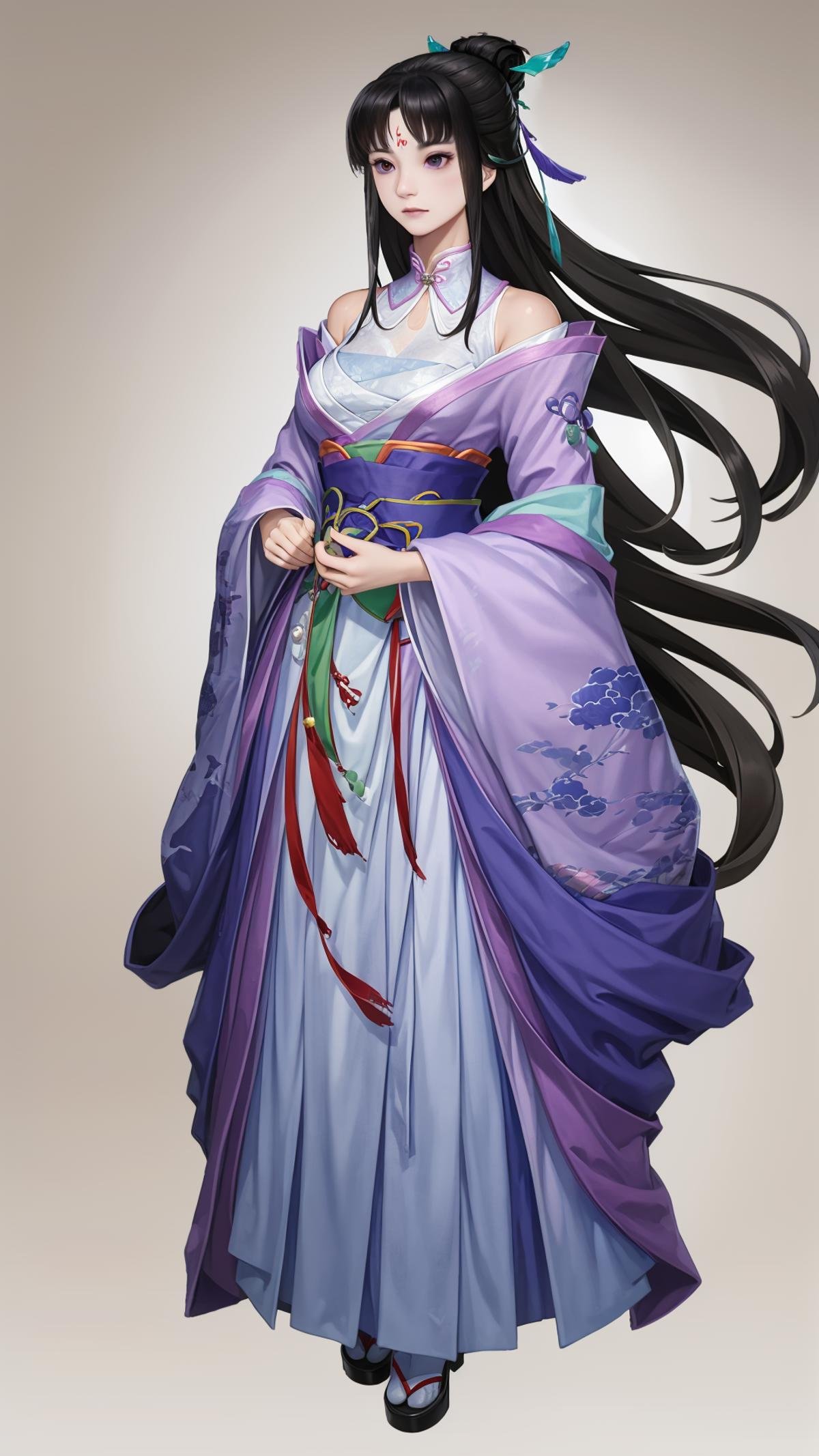 (masterpiece, best quality),ray tracing,absurdres, HDR,liumengli, jiuyou, 1girl, hair ornament, yu chai, medium breasts, black hair, purple eyes, long hair, solo, full body, dress, instrument, white background, sash, hanfu, chinese clothes, hair bun, facial mark, forehead mark, expressionless <lora:liumengli_jiuyou:0.8>