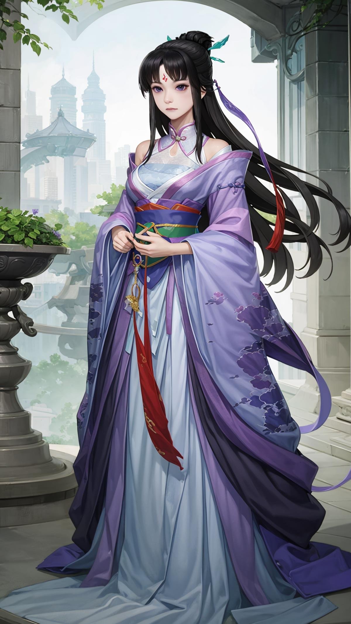 (masterpiece, best quality),ray tracing,absurdres, HDR,liumengli, jiuyou, 1girl, hair ornament, yu chai, medium breasts, black hair, purple eyes, long hair, solo, full body, dress, instrument,, sash, hanfu, chinese clothes, hair bun, facial mark, forehead mark, expressionless ,looking at looking at viewer, <lora:liumengli_jiuyou:0.8>