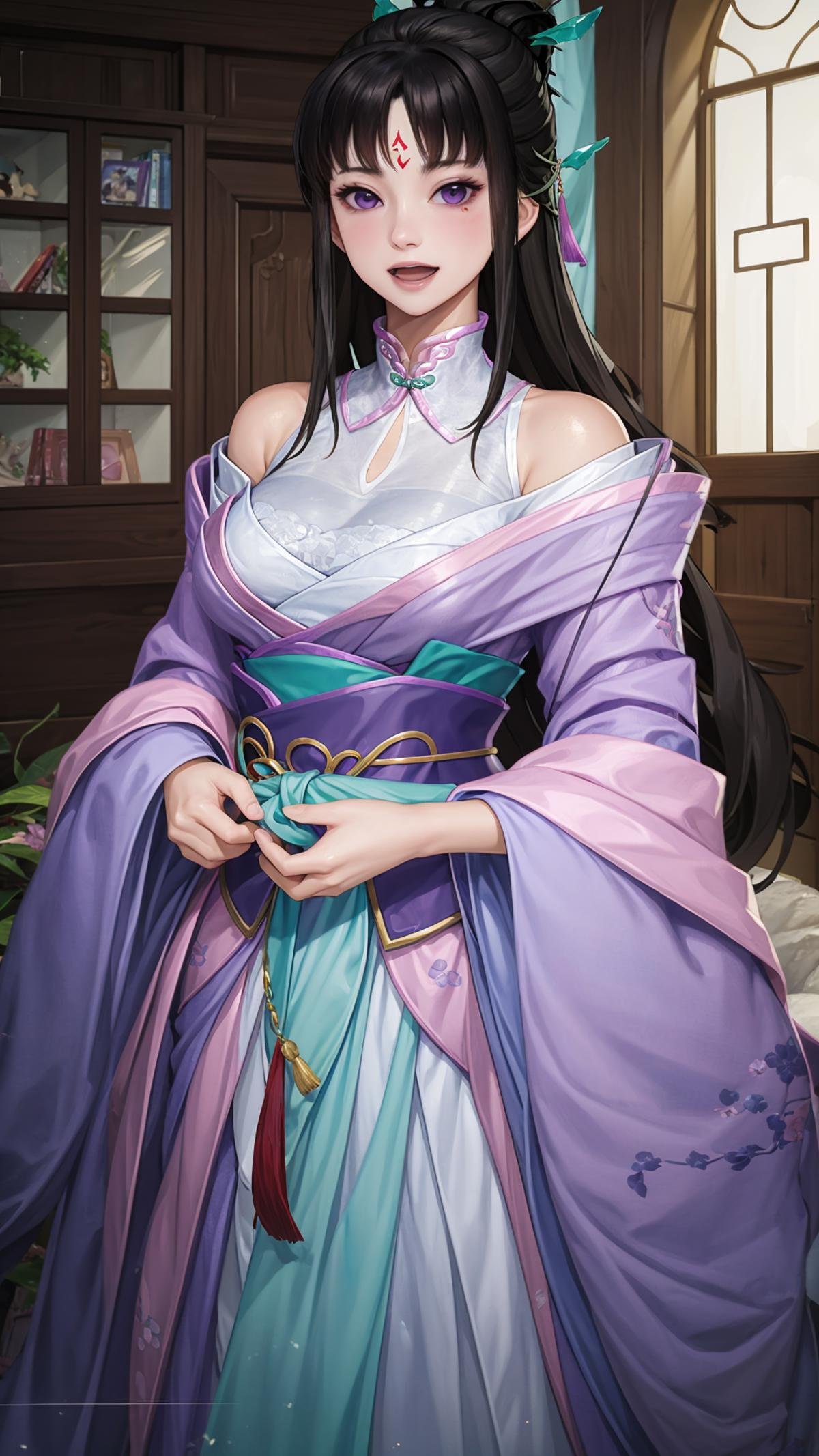 (masterpiece, best quality),ray tracing,absurdres, HDR,liumengli, jiuyou, 1girl, black hair, hair bun, , forehead mark, long hair, purple eyes, , solo, hair ornament, facial mark, yu chai, medium breasts, dress, indoors, chinese clothes, bare shoulders, sash, looking at viewer, smile,blush,arms at sides,open mouth, <lora:liumengli_jiuyou:0.8>