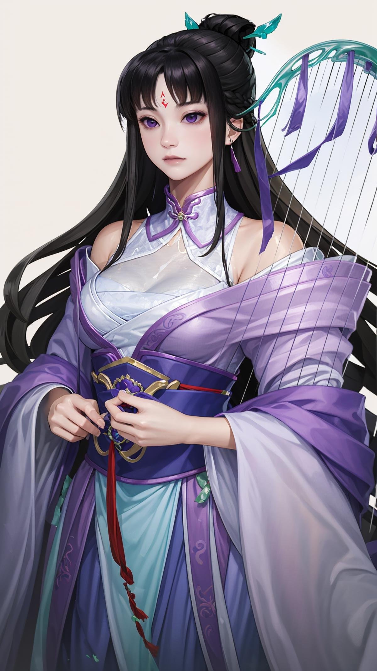 (masterpiece, best quality),ray tracing,absurdres, HDR,liumengli, jiuyou, 1girl, black hair, hair bun, instrument, forehead mark, long hair, purple eyes, harp, solo, hair ornament, facial mark, yu chai, medium breasts, dress, white background, chinese clothes, bare shoulders, sash, expressionless <lora:liumengli_jiuyou:0.8>