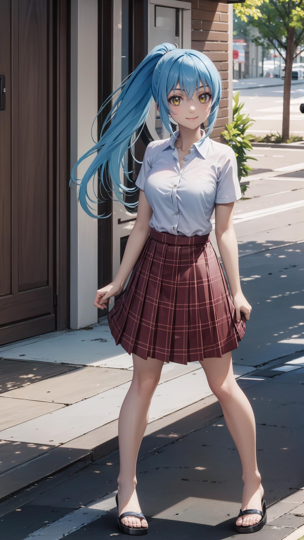 (masterpiece, best quality),ray tracing,absurdres, HDR,rimuru tempest, campus, skirt, 1girl,large breasts, blue hair, school uniform, plaid skirt, , long hair, smile, plaid, yellow eyes, , , pleated skirt, full body, , ponytail, , standing, , looking at viewer, solo, , hair between eyes, ,shirt, bangs, sandals, red skirt, white shirt, collared shirt, closed mouth, , short sleeves, miniskirt,outoors, ,<lora:rimuru campus_v2:0.7> <lora:sandals_v2:0.7>