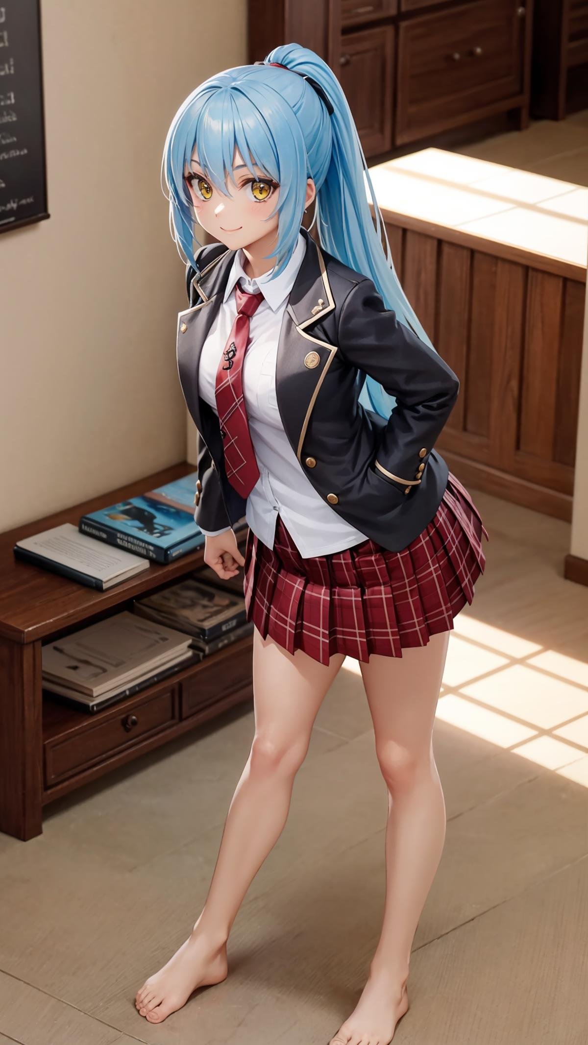 (masterpiece, best quality),ray tracing,absurdres, HDR,rimuru tempest, campus, skirt, 1girl,large breasts,  blue hair, school uniform, plaid skirt, necktie, long hair, smile, plaid, yellow eyes, , jacket, pleated skirt, full body, , ponytail, , standing, blazer, looking at viewer, solo, , hair between eyes, ,red necktie, shirt, bangs, barefoot, red skirt, white shirt, collared shirt, closed mouth,  , long sleeves, miniskirt,indoors, living room,<lora:rimuru campus_v2:0.7>