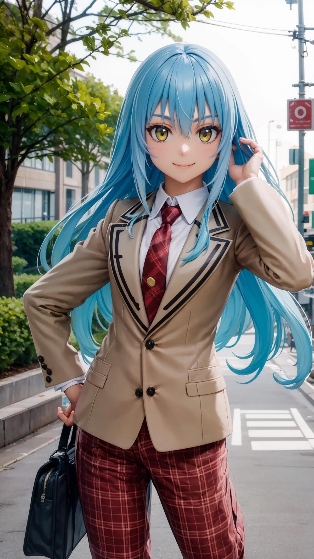 (masterpiece, best quality),ray tracing,absurdres, HDR,rimuru tempest, campus, 1girl,large breats, long hair, blue hair, yellow eyes, necktie, pants, smile, school uniform, plaid pants, jacket, bag, plaid, hand on hip, hair between eyes, looking at viewer,red necktie, shirt, blazer, long sleeves, solo, holding bag, school bag , <lora:rimuru campus_v2:0.7>