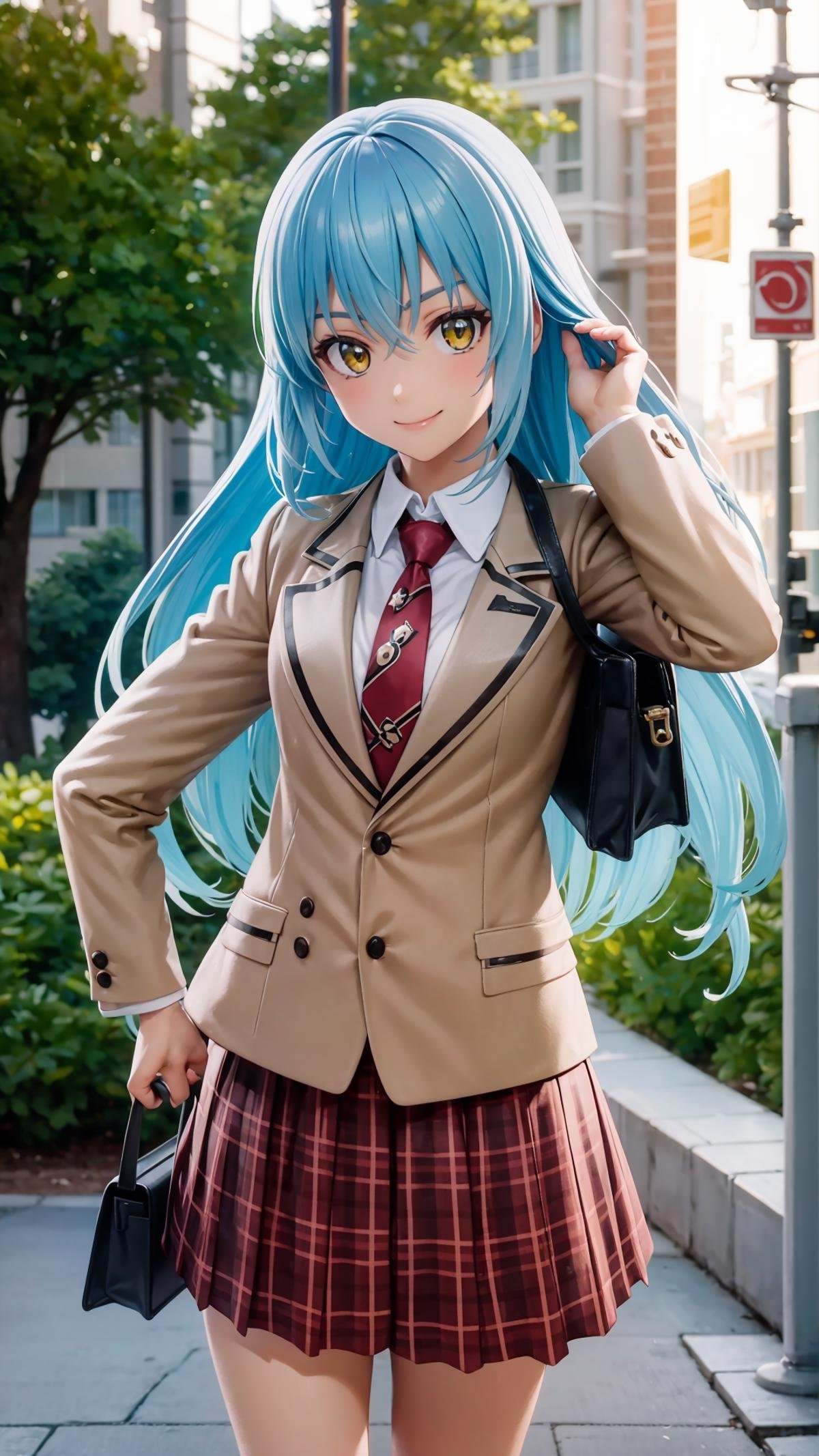 (masterpiece, best quality),ray tracing,absurdres, HDR,rimuru tempest, campus, 1girl,large breats, long hair, blue hair, yellow eyes, necktie, skirt, smile, school uniform, plaid skirt, jacket, bag, plaid, hand on hip, hair between eyes, looking at viewer,red necktie, shirt, blazer, long sleeves, solo, holding bag, school bag , <lora:rimuru campus_v2:0.7>