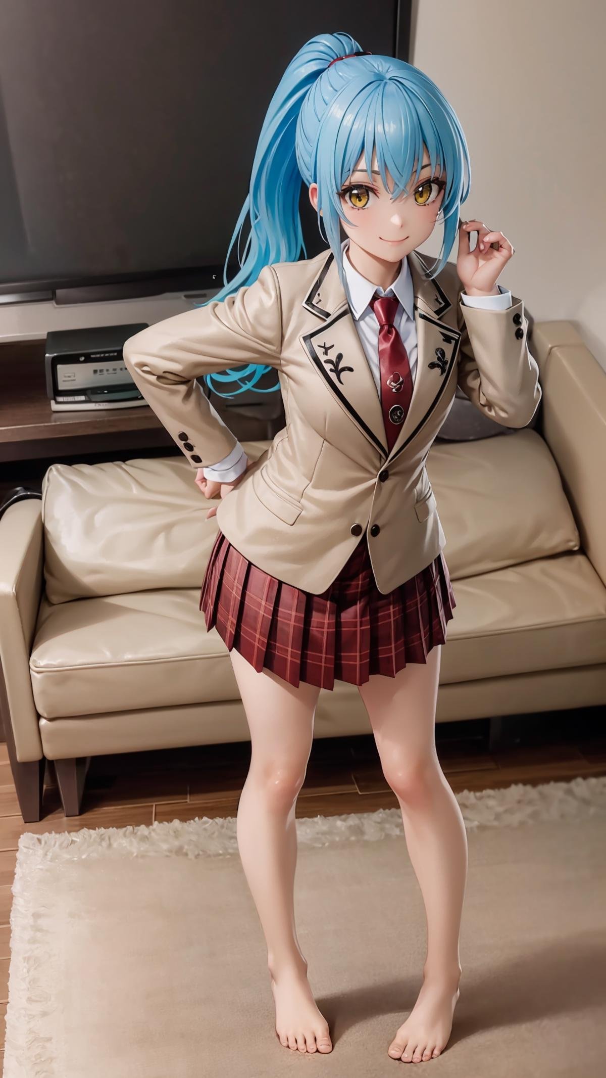 (masterpiece, best quality),ray tracing,absurdres, HDR,rimuru tempest, campus, skirt, 1girl,large breasts,  blue hair, school uniform, plaid skirt, necktie, long hair, smile, plaid, yellow eyes, , jacket, pleated skirt, full body, , ponytail, , standing, blazer, looking at viewer, solo, , hair between eyes, ,red necktie, shirt, bangs, barefoot, red skirt, white shirt, collared shirt, closed mouth,  , long sleeves, miniskirt,indoors, living room,<lora:rimuru campus_v2:0.7>