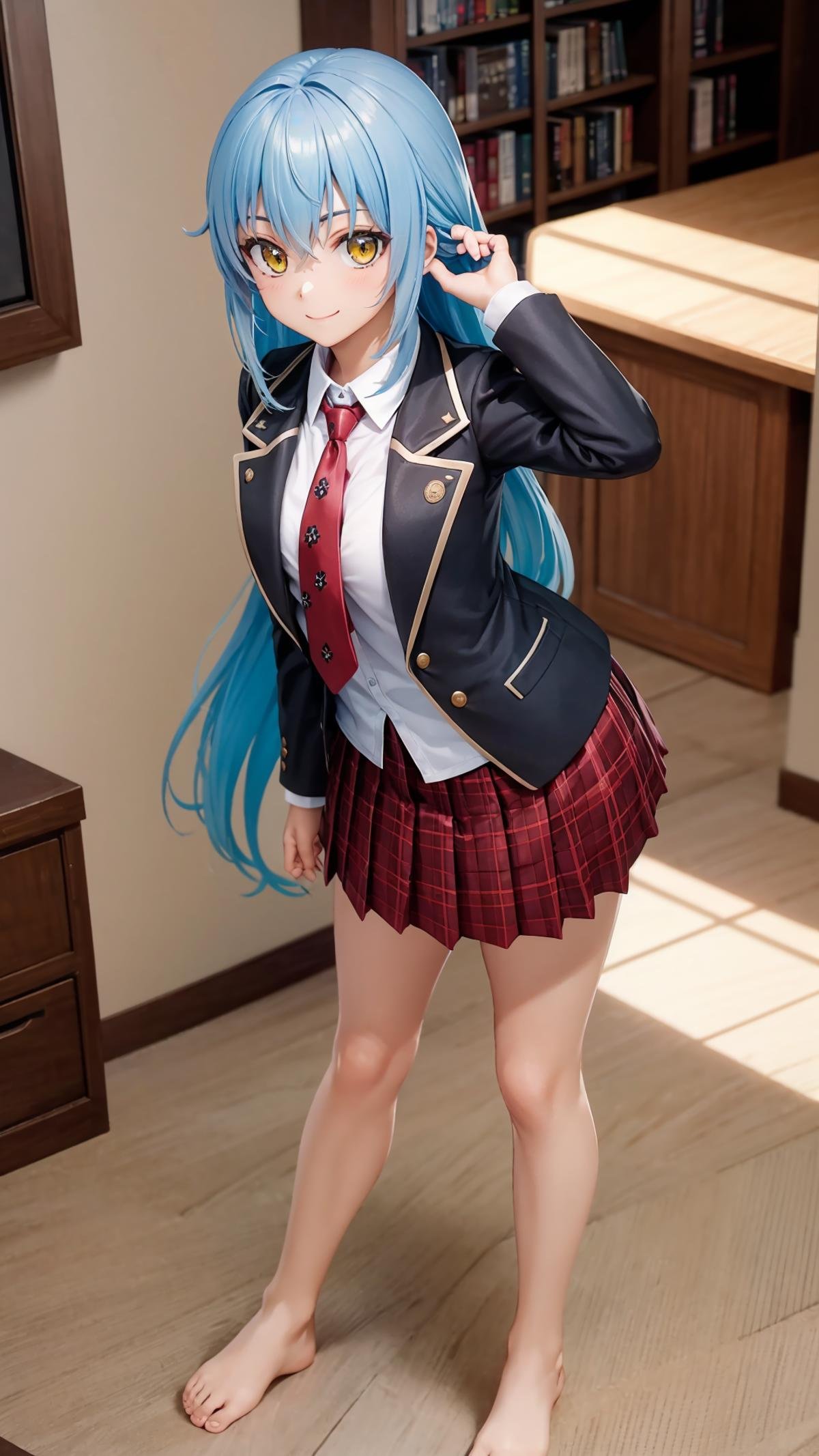 (masterpiece, best quality),ray tracing,absurdres, HDR,rimuru tempest, campus, skirt, 1girl,large breasts,  blue hair, school uniform, plaid skirt, necktie, long hair, smile, plaid, yellow eyes, , jacket, pleated skirt, full body, , , , standing, blazer, looking at viewer, solo, , hair between eyes, ,red necktie, shirt, bangs, barefoot, red skirt, white shirt, collared shirt, closed mouth,  , long sleeves, miniskirt,indoors, living room,<lora:rimuru campus_v2:0.7>