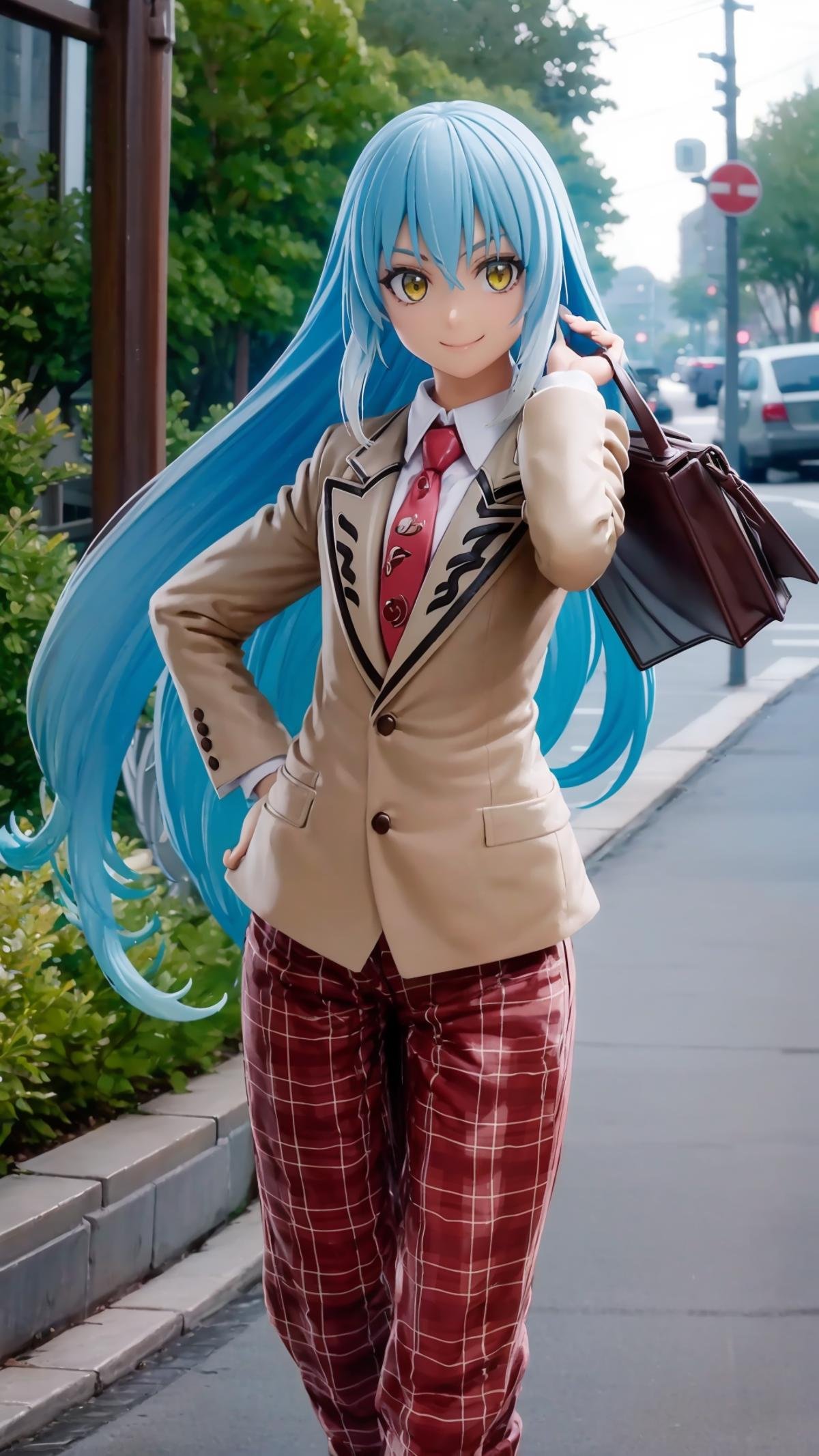 (masterpiece, best quality),ray tracing,absurdres, HDR,rimuru tempest, campus, 1other, androgynous, long hair, blue hair, yellow eyes, necktie, pants, smile, school uniform, plaid pants, jacket, bag, plaid, hand on hip, hair between eyes, looking at viewer, slime \(creature\), red necktie, shirt, blazer, long sleeves, solo, holding bag, school bag , <lora:rimuru campus_v2:1>