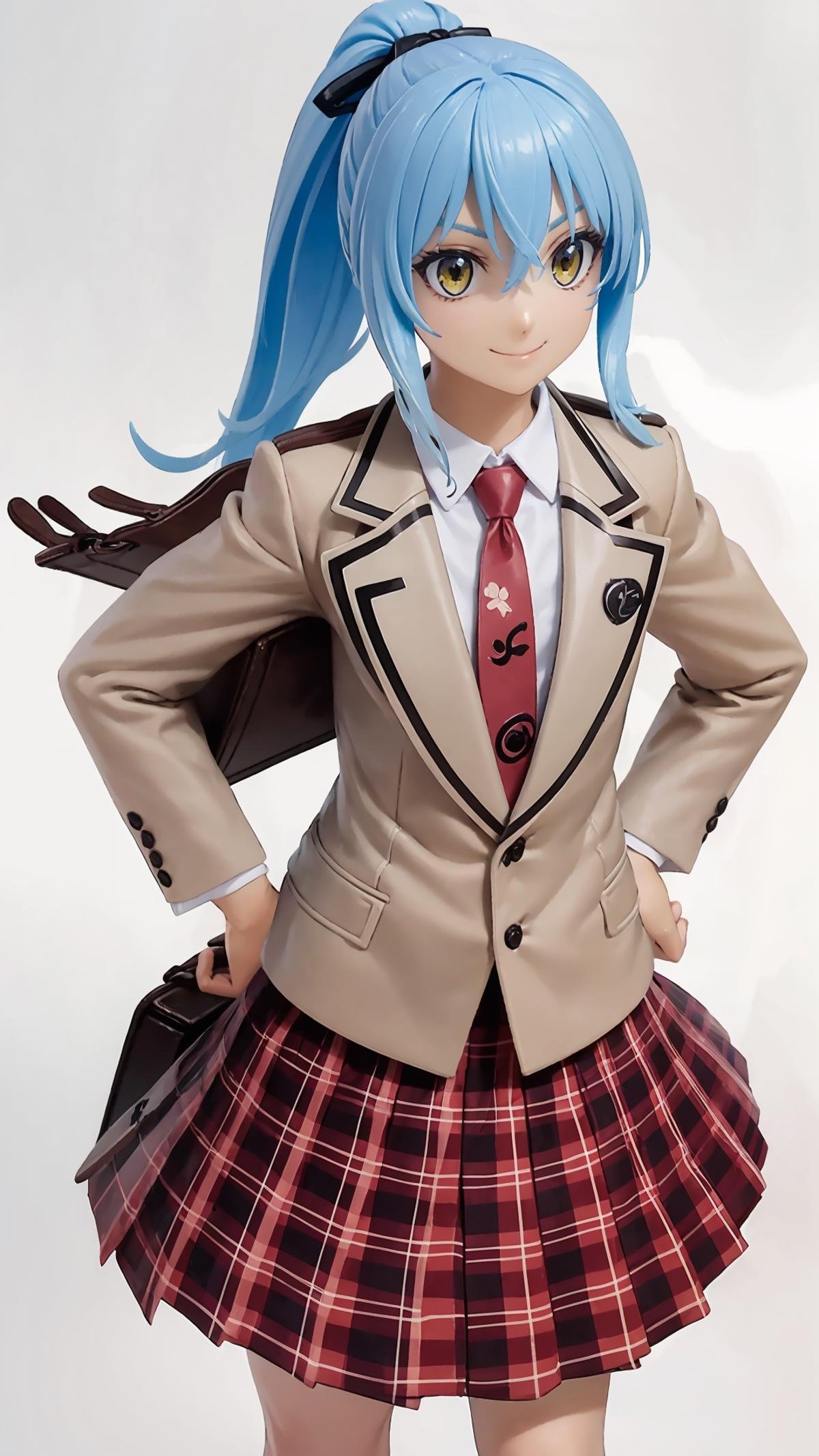 (masterpiece, best quality),ray tracing,absurdres, HDR, rimuru tempest, campus, 1other, androgynous, skirt, blue hair, long hair, plaid skirt, necktie, school uniform, solo, bag, yellow eyes, jacket, plaid, smile, hand on hip, shirt, hair between eyes, pleated skirt, collared shirt, holding bag, red necktie, white shirt, red skirt, miniskirt, bangs, wing collar, closed mouth, standing, school bag, ponytail, cowboy shot, long sleeves, shiny hair, holding, shiny, high ponytail, black ribbon, ribbon, hair bow, blazer, bow, transparent background <lora:rimuru campus:1>