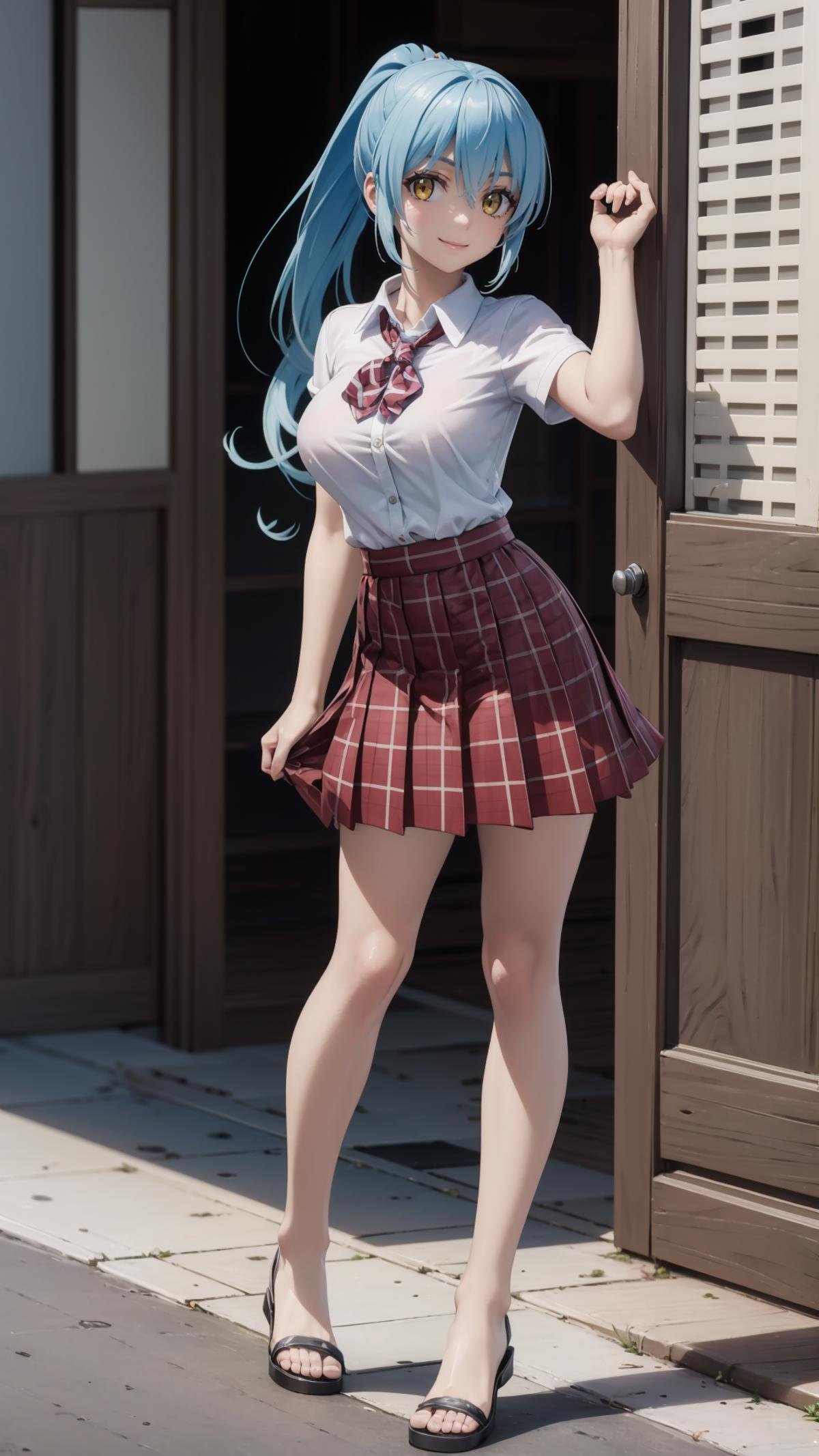 (masterpiece, best quality),ray tracing,absurdres, HDR,rimuru tempest, campus, skirt, 1girl,large breasts, blue hair, school uniform, plaid skirt, , long hair, smile, plaid, yellow eyes, , , pleated skirt, full body, , ponytail, , standing, , looking at viewer, solo, , hair between eyes, ,shirt, bangs, sandals, red skirt, white shirt, collared shirt, closed mouth, , short sleeves, miniskirt,outoors, ,<lora:rimuru campus_v2:0.7> <lora:sandals_v2:0.7>