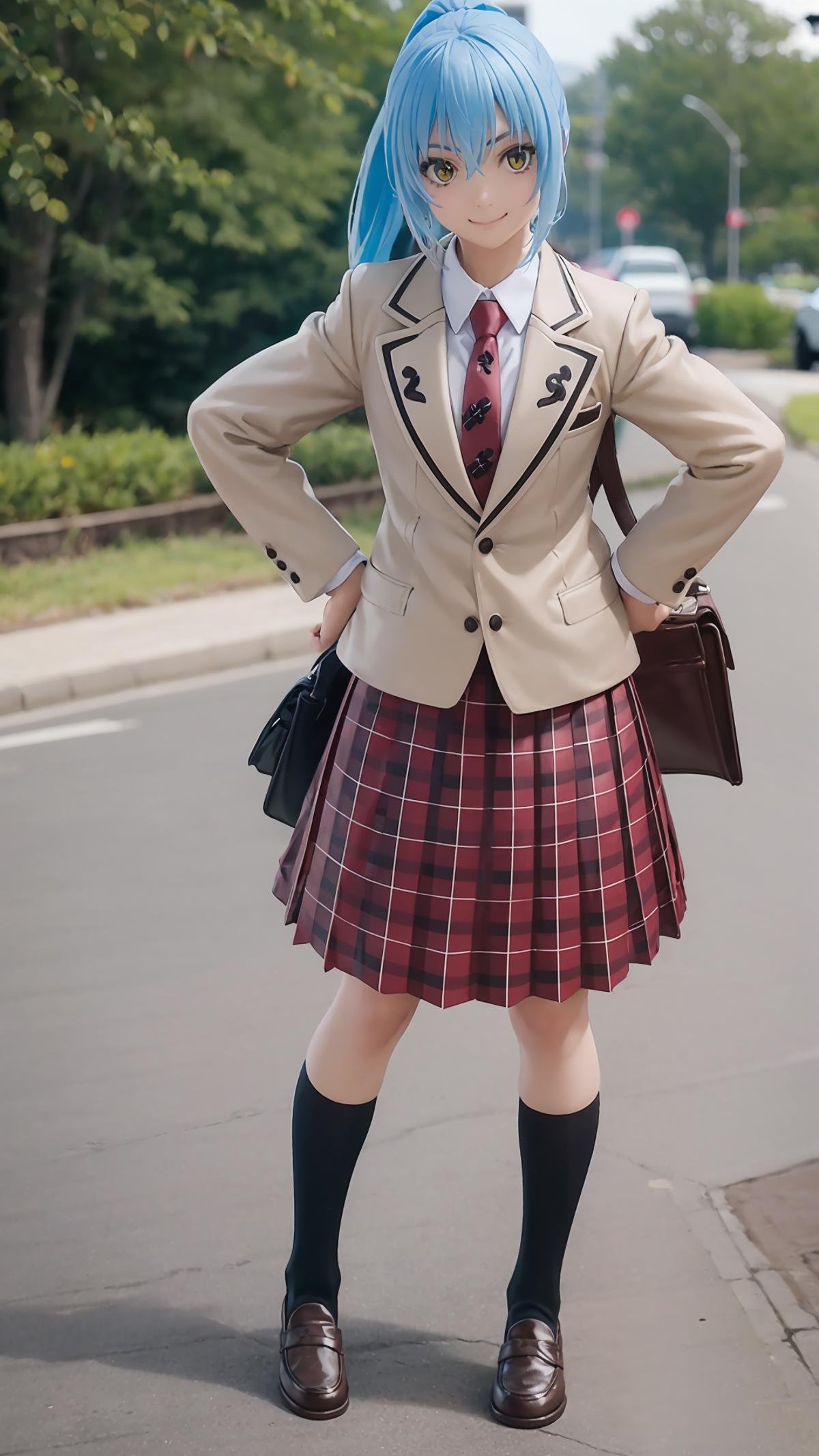 (masterpiece, best quality),ray tracing,absurdres, HDR,rimuru tempest, campus, skirt, 1girl,large breats,blue hair, school uniform, plaid skirt, necktie, long hair, smile, plaid, yellow eyes, bag, jacket, hand on hip, pleated skirt, full body, socks, ponytail, shoes, standing, blazer, looking at viewer, solo,, hair between eyes, loafers, school bag, red necktie, shirt, bangs, brown footwear, kneehighs, black socks, red skirt, white shirt, collared shirt, closed mouth, holding, long sleeves, miniskirt, <lora:rimuru campus:1>