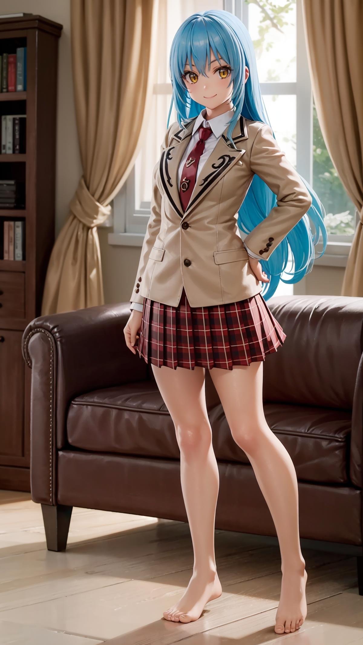 (masterpiece, best quality),ray tracing,absurdres, HDR,rimuru tempest, campus, skirt, 1girl,large breasts,  blue hair, school uniform, plaid skirt, necktie, long hair, smile, plaid, yellow eyes, , jacket, pleated skirt, full body, , , , standing, blazer, looking at viewer, solo, , hair between eyes, ,red necktie, shirt, bangs, barefoot, red skirt, white shirt, collared shirt, closed mouth,  , long sleeves, miniskirt,indoors, living room,<lora:rimuru campus_v2:0.7>