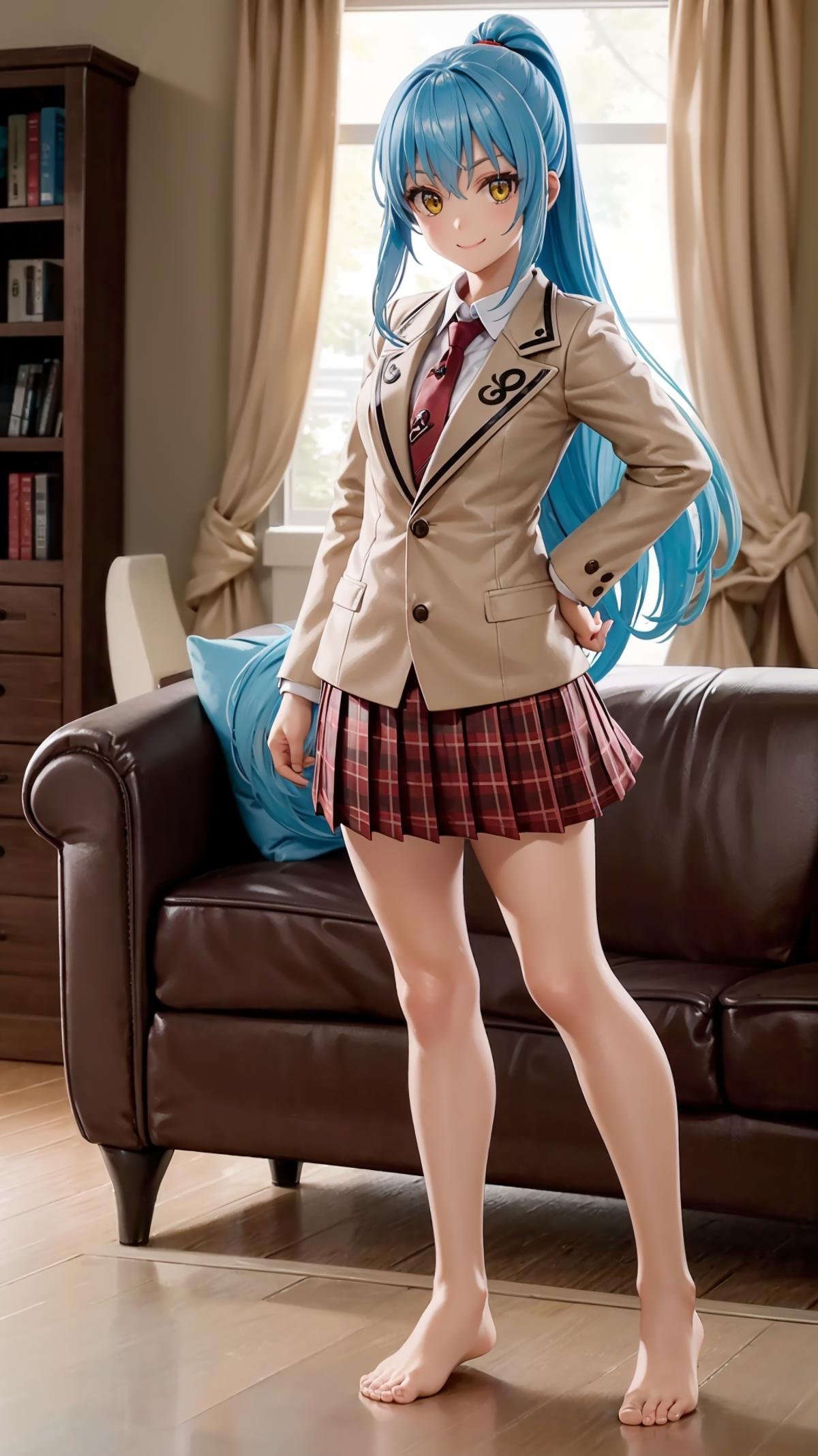 (masterpiece, best quality),ray tracing,absurdres, HDR,rimuru tempest, campus, skirt, 1girl,large breasts,  blue hair, school uniform, plaid skirt, necktie, long hair, smile, plaid, yellow eyes, , jacket, pleated skirt, full body, , ponytail, , standing, blazer, looking at viewer, solo, , hair between eyes, ,red necktie, shirt, bangs, barefoot, red skirt, white shirt, collared shirt, closed mouth,  , long sleeves, miniskirt,indoors, living room,<lora:rimuru campus_v2:0.7>