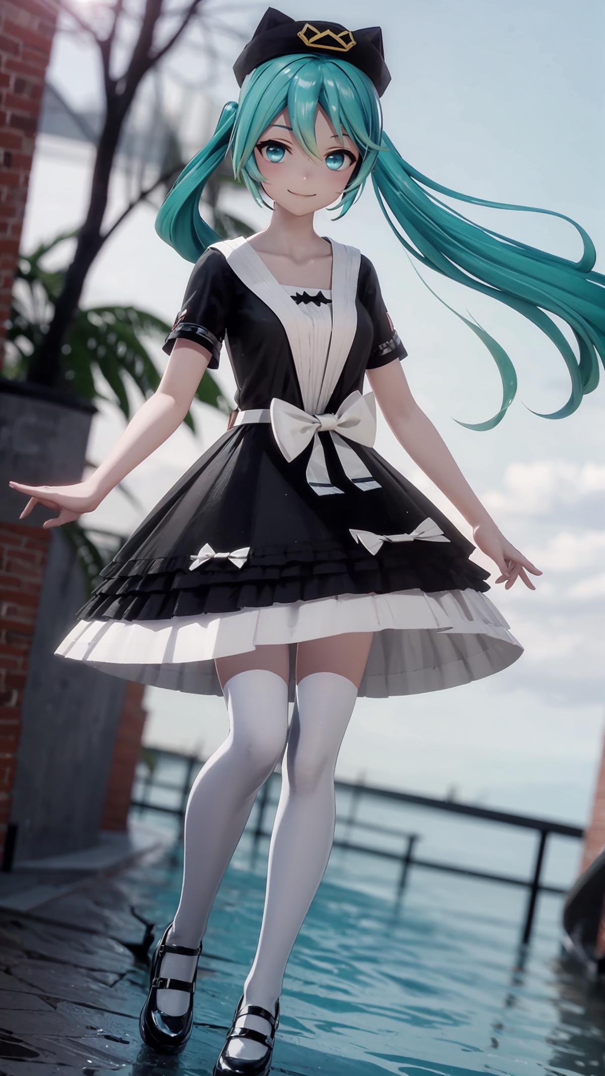 (masterpiece, best quality), ray tracing, absurdres, HDR,1girl, hatsune miku, yyb, solo, dress, long hair, hat, twintails, black dress, looking at viewer, smile, aqua hair, bow, aqua eyes, short sleeves, beret, blurry background, floating hair, white bow, black headwear ,white pantyhose,mary janes,<lora:miku_yyb:0.8>