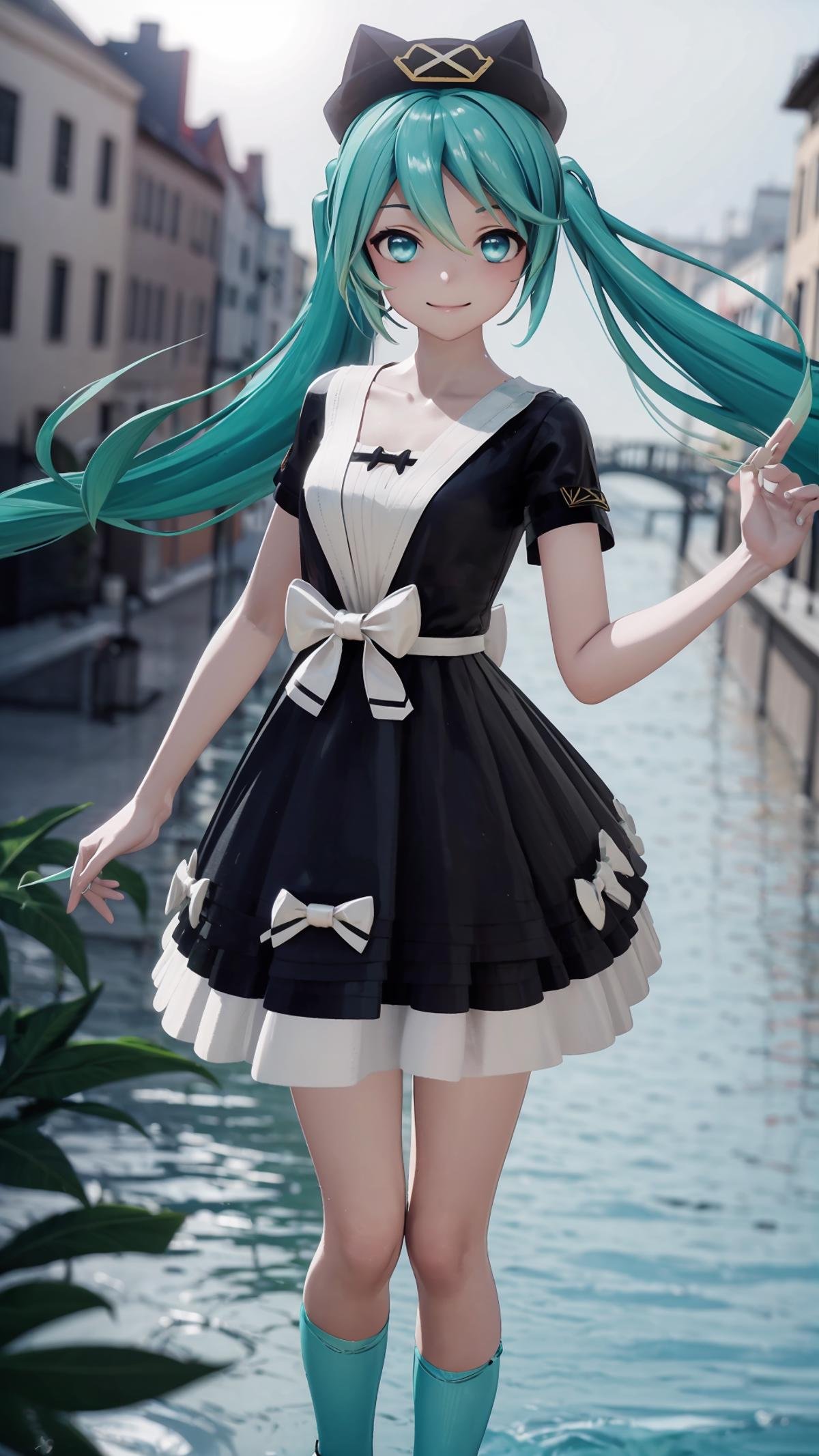 (masterpiece, best quality), ray tracing, absurdres, HDR,1girl, hatsune miku, yyb, solo, dress, long hair, hat, twintails, black dress, looking at viewer, smile, aqua hair, bow, aqua eyes, short sleeves, beret, blurry background, floating hair, white bow, black headwear <lora:miku_yyb:0.8>