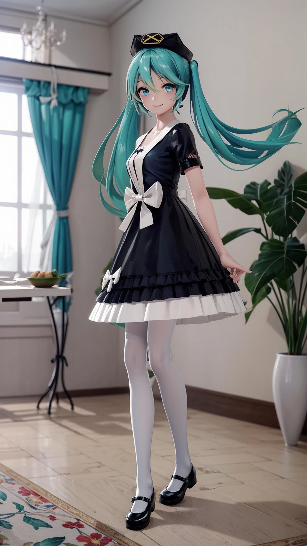 (masterpiece, best quality), ray tracing, absurdres, HDR,1girl, hatsune miku, yyb, solo, dress, long hair, aqua eyes, hat, mary janes, twintails, black dress, shoes, aqua hair, bow, white pantyhose, pantyhose, short sleeves, standing, beret,, white bow, full body, indoors, blue dress, table, flower,looking at viewer, smile<lora:miku_yyb:0.8>