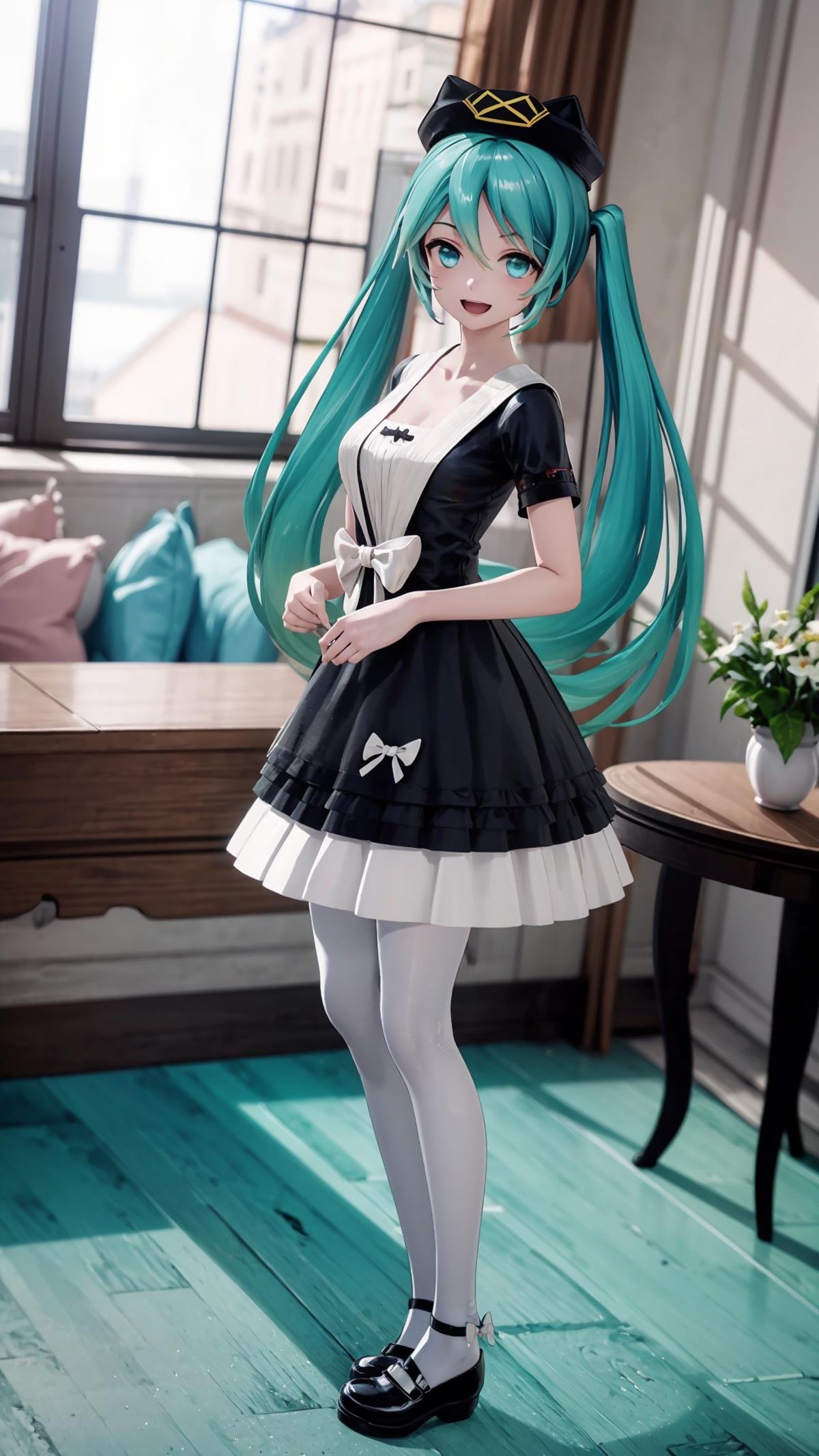 (masterpiece, best quality), ray tracing, absurdres, HDR,1girl, hatsune miku, yyb, solo, dress, long hair, aqua eyes, hat, mary janes, twintails, black dress, shoes, aqua hair, bow, white pantyhose, pantyhose, short sleeves, standing, beret,, white bow, full body, indoors, blue dress, table, flower,looking at viewer, smile,open mouth<lora:miku_yyb:0.8>