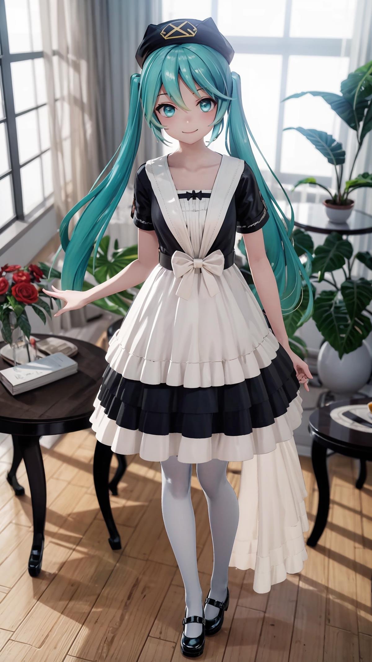 (masterpiece, best quality), ray tracing, absurdres, HDR,1girl, hatsune miku, yyb, solo, dress, long hair, aqua eyes, hat, mary janes, twintails, black dress, shoes, aqua hair, bow, white pantyhose, pantyhose, short sleeves, standing, beret,, white bow, full body, indoors, blue dress, table, flower,looking at viewer, smile,<lora:miku_yyb:0.8>