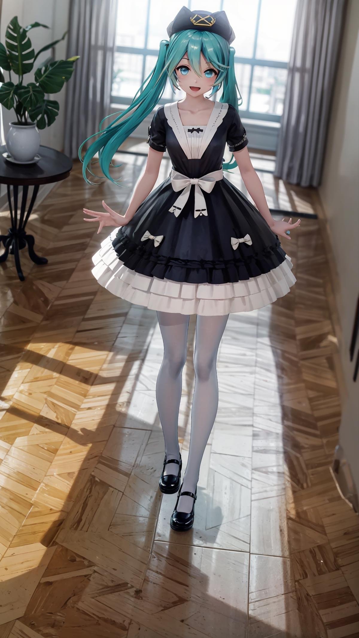 (masterpiece, best quality), ray tracing, absurdres, HDR,1girl, hatsune miku, yyb, solo, dress, long hair, aqua eyes, hat, mary janes, twintails, black dress, shoes, aqua hair, bow, white pantyhose, pantyhose, short sleeves, standing, beret,, white bow, full body, indoors, blue dress, table, flower,looking at viewer, smile,open mouth<lora:miku_yyb:0.8>