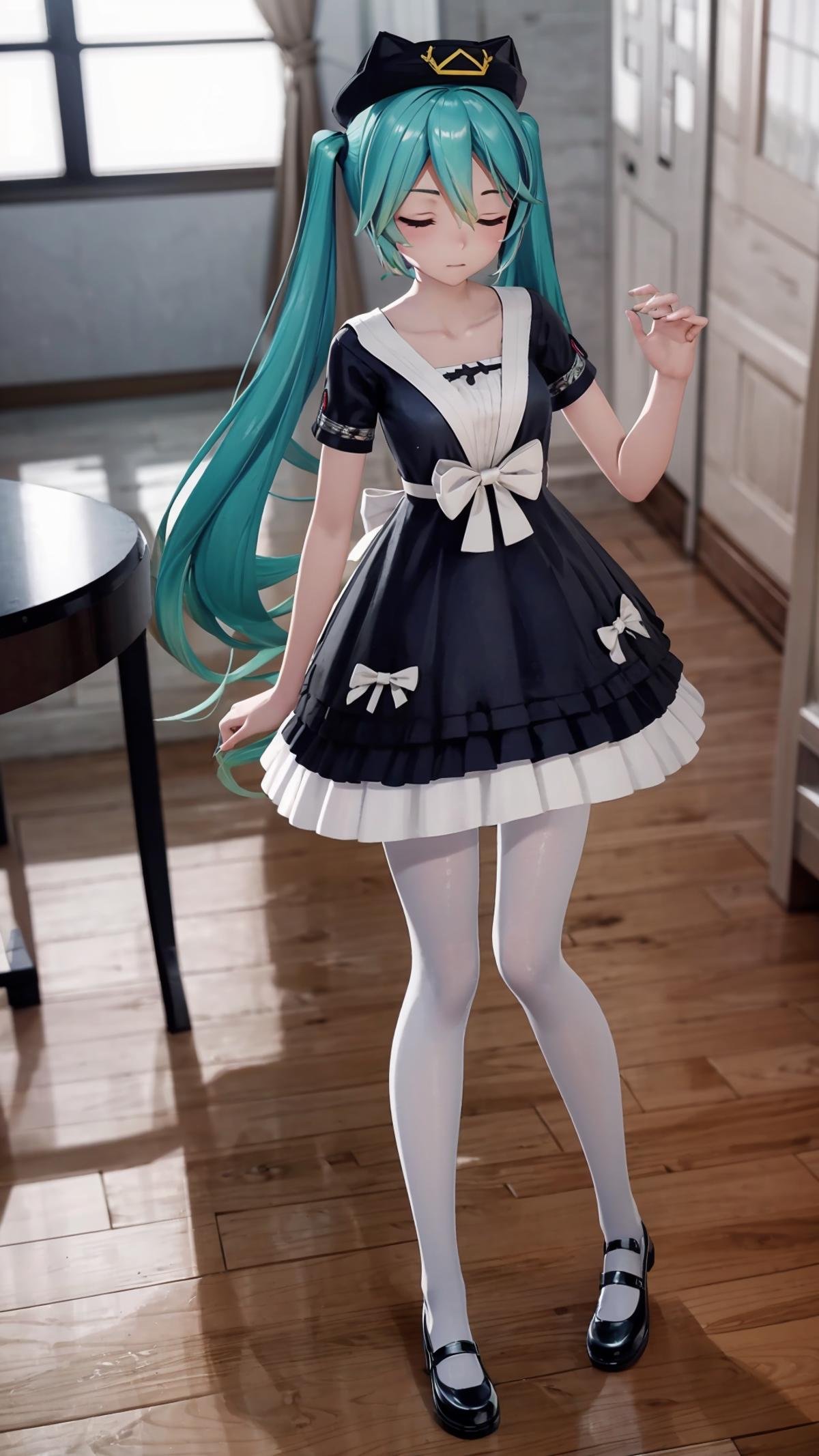 (masterpiece, best quality), ray tracing, absurdres, HDR,1girl, hatsune miku, yyb, solo, dress, long hair, closed eyes, hat, mary janes, twintails, black dress, shoes, aqua hair, bow, white pantyhose, pantyhose, short sleeves, standing, beret, blurry background, white bow, full body, indoors, blue dress, table, flower,<lora:miku_yyb:0.8>