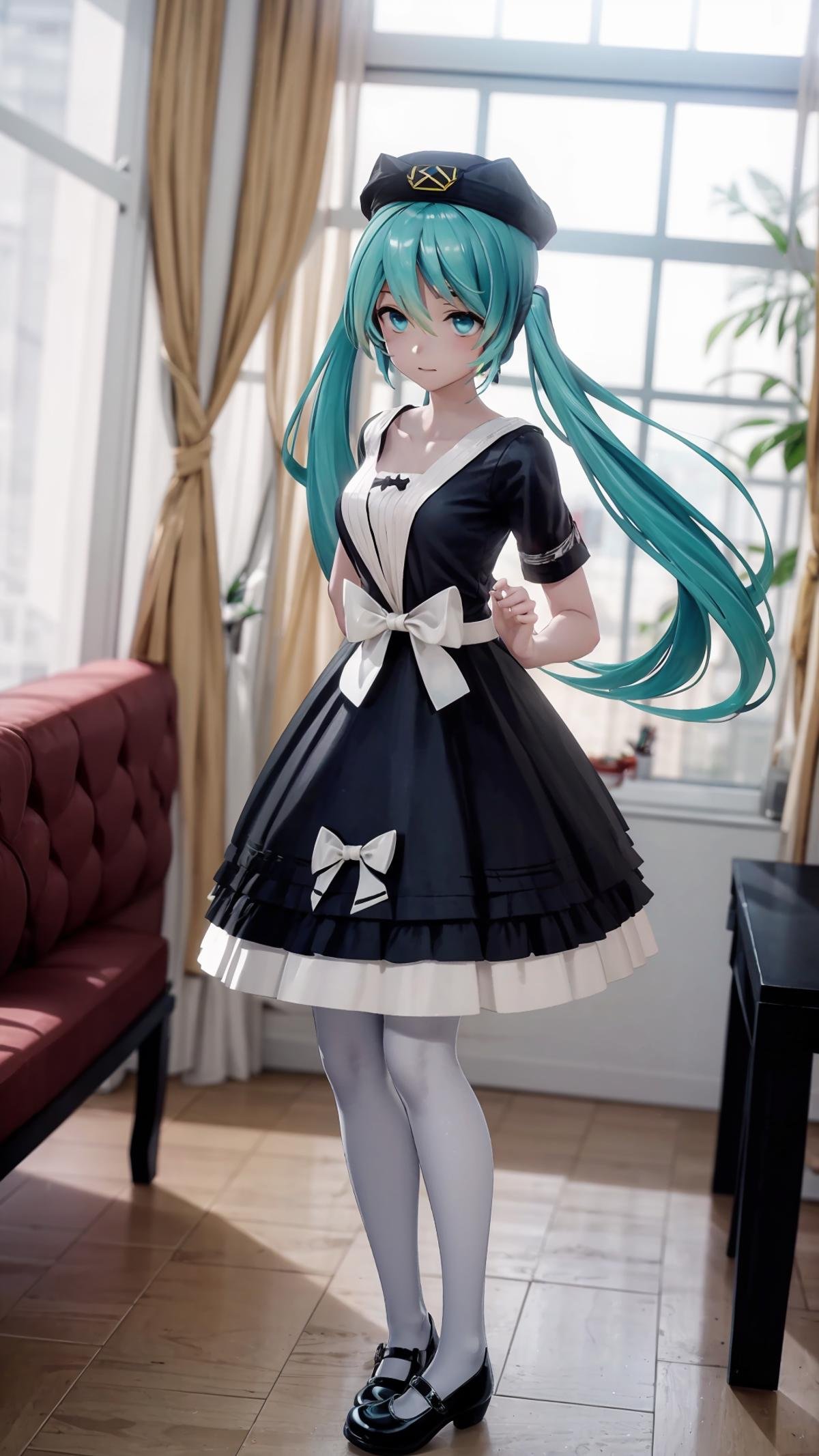 (masterpiece, best quality), ray tracing, absurdres, HDR,1girl, hatsune miku, yyb, solo, dress, long hair, aqua eyes, hat, mary janes, twintails, black dress, shoes, aqua hair, bow, white pantyhose, pantyhose, short sleeves, standing, beret, blurry background, white bow, full body, indoors, blue dress, table, flower,<lora:miku_yyb:0.8>