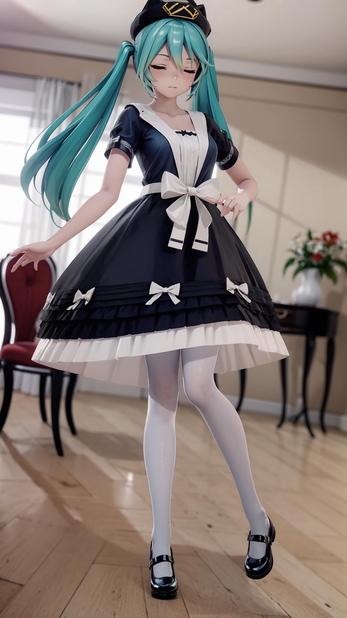 (masterpiece, best quality), ray tracing, absurdres, HDR,1girl, hatsune miku, yyb, solo, dress, long hair, closed eyes, hat, mary janes, twintails, black dress, shoes, aqua hair, bow, white pantyhose, pantyhose, short sleeves, standing, beret, blurry background, white bow, full body, indoors, blue dress, table, flower,<lora:miku_yyb:0.8>