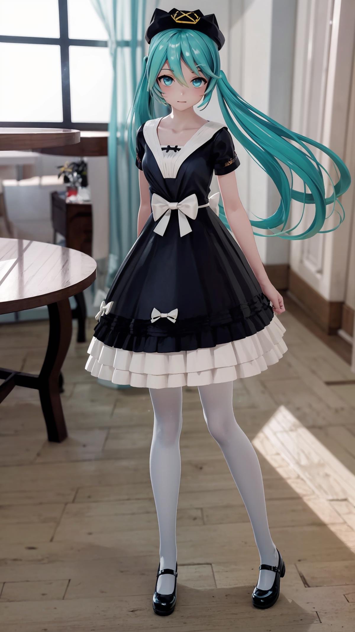 (masterpiece, best quality), ray tracing, absurdres, HDR,1girl, hatsune miku, yyb, solo, dress, long hair, aqua eyes, hat, mary janes, twintails, black dress, shoes, aqua hair, bow, white pantyhose, pantyhose, short sleeves, standing, beret,, white bow, full body, indoors, blue dress, table, flower,looking at viewer, <lora:miku_yyb:0.8>