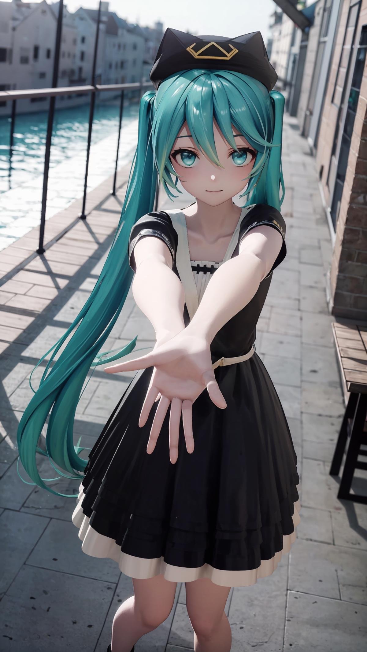 (masterpiece, best quality), ray tracing, absurdres, HDR, 1girl, hatsune miku, yyb, solo, dress, long hair, hat, twintails, black dress, outstretched arms, looking at viewer, aqua hair, short sleeves, beret, black headwear, hair between eyes  <lora:miku_yyb:0.8>