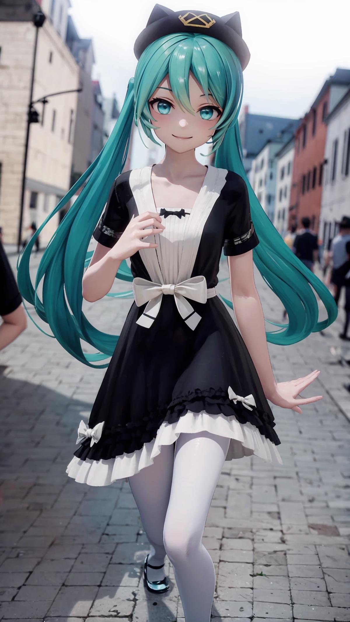 (masterpiece, best quality), ray tracing, absurdres, HDR,1girl, hatsune miku, yyb, solo, dress, long hair, hat, twintails, black dress, looking at viewer, smile, aqua hair, bow, aqua eyes, short sleeves, beret, blurry background, floating hair, white bow, black headwear ,white pantyhose,mary janes,<lora:miku_yyb:0.8>