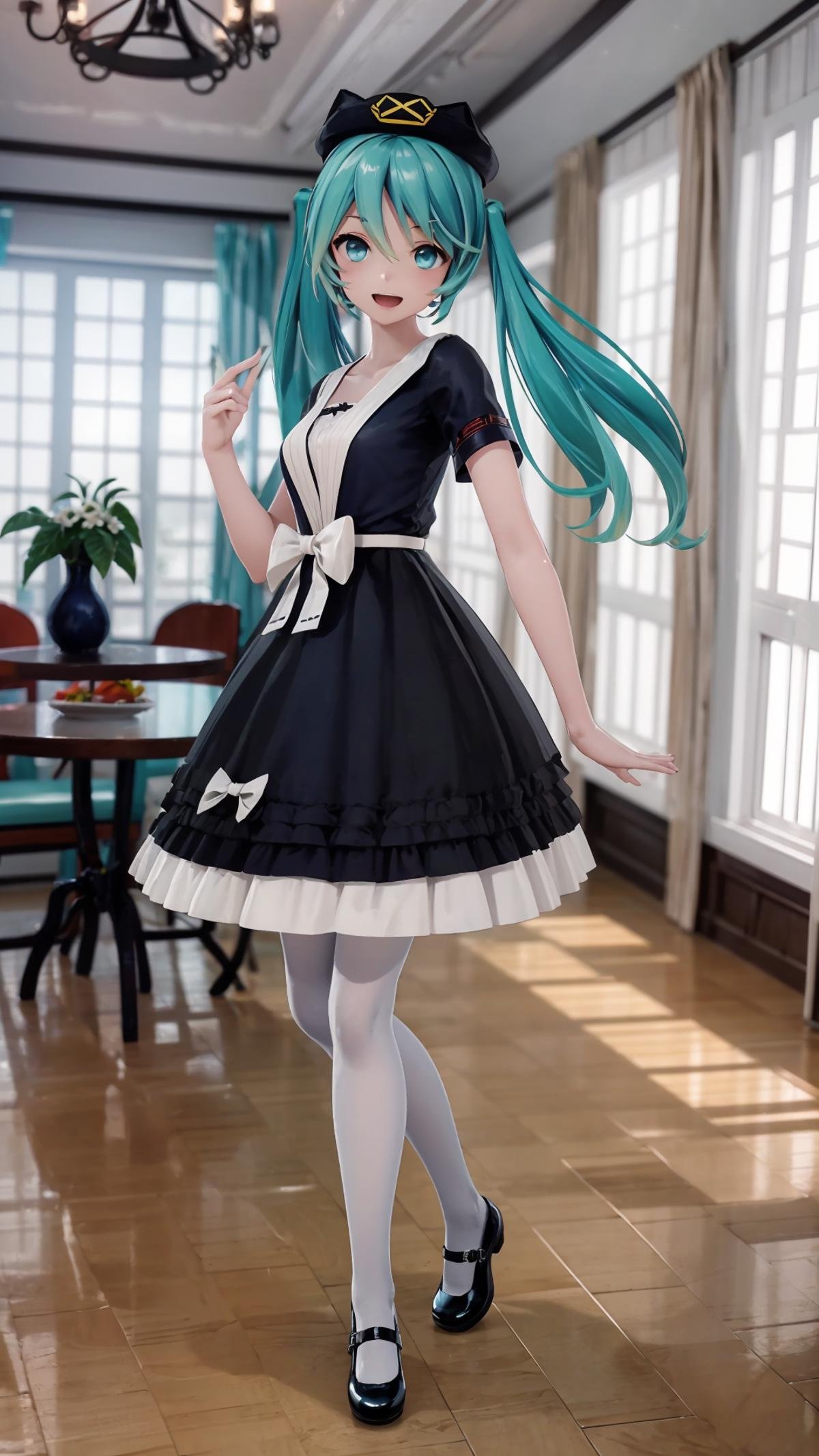 (masterpiece, best quality), ray tracing, absurdres, HDR,1girl, hatsune miku, yyb, solo, dress, long hair, aqua eyes, hat, mary janes, twintails, black dress, shoes, aqua hair, bow, white pantyhose, pantyhose, short sleeves, standing, beret,, white bow, full body, indoors, blue dress, table, flower,looking at viewer, smile,open mouth<lora:miku_yyb:0.8>