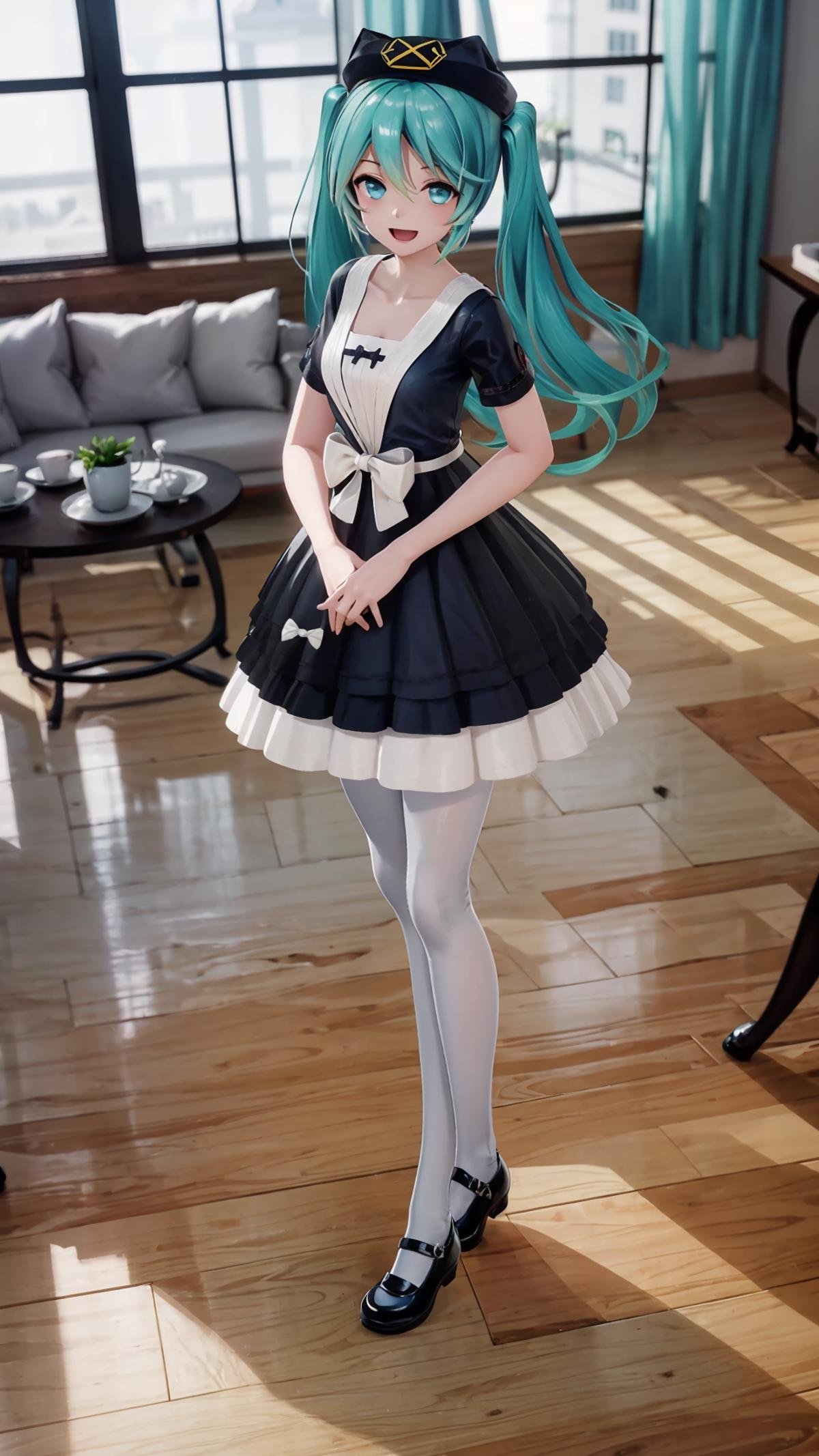 (masterpiece, best quality), ray tracing, absurdres, HDR,1girl, hatsune miku, yyb, solo, dress, long hair, aqua eyes, hat, mary janes, twintails, black dress, shoes, aqua hair, bow, white pantyhose, pantyhose, short sleeves, standing, beret,, white bow, full body, indoors, blue dress, table, flower,looking at viewer, smile,open mouth<lora:miku_yyb:0.8>