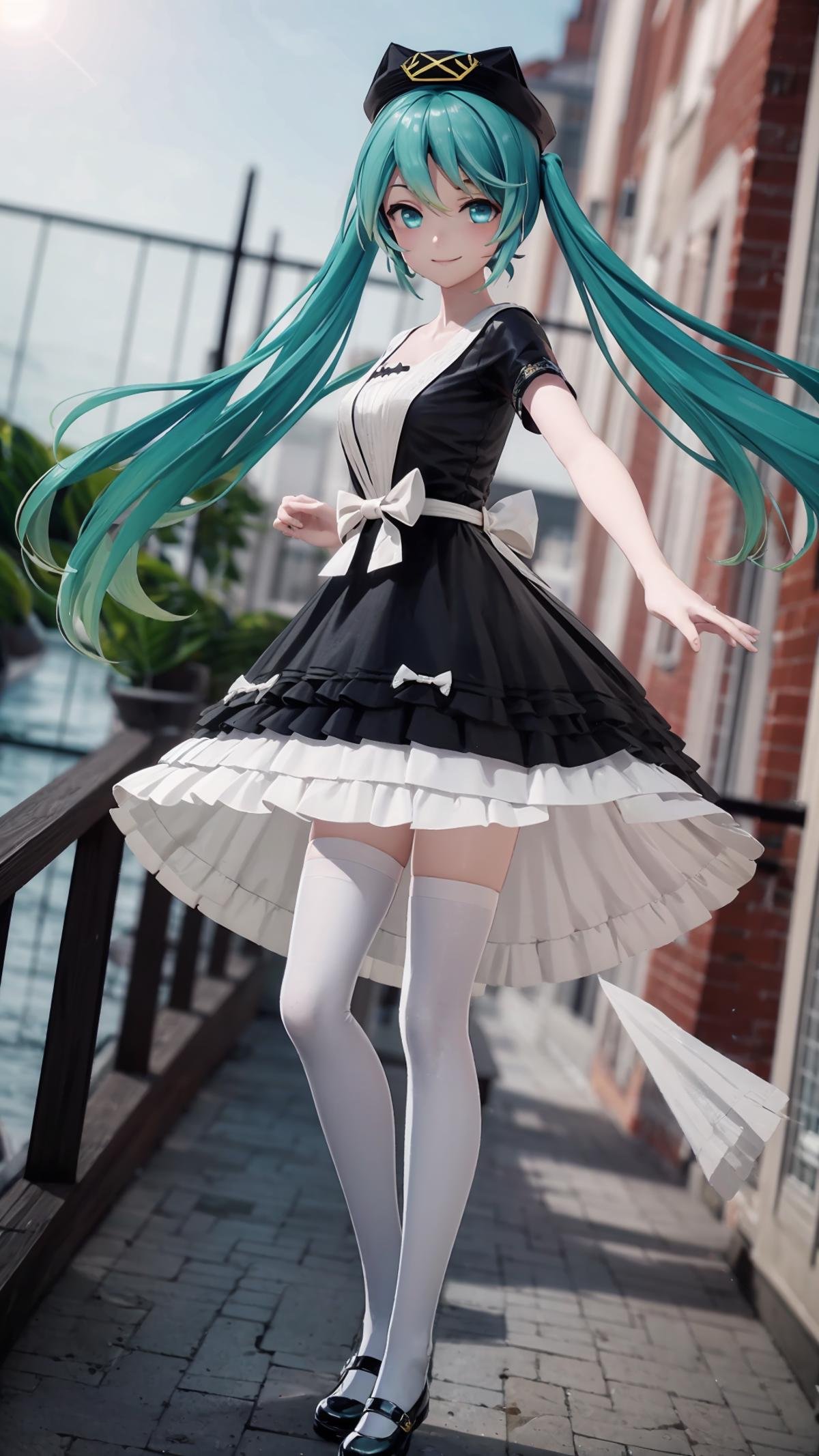 (masterpiece, best quality), ray tracing, absurdres, HDR,1girl, hatsune miku, yyb, solo, dress, long hair, hat, twintails, black dress, looking at viewer, smile, aqua hair, bow, aqua eyes, short sleeves, beret, blurry background, floating hair, white bow, black headwear ,white pantyhose,mary janes,<lora:miku_yyb:0.8>