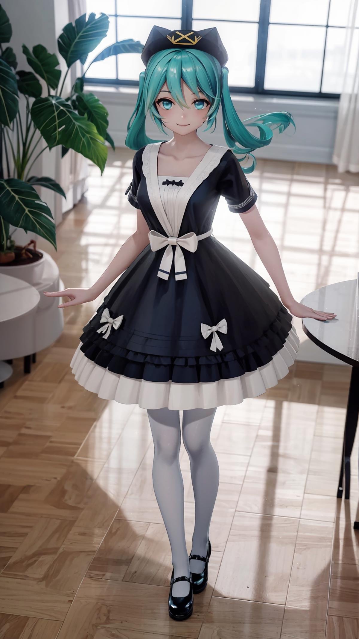 (masterpiece, best quality), ray tracing, absurdres, HDR,1girl, hatsune miku, yyb, solo, dress, long hair, aqua eyes, hat, mary janes, twintails, black dress, shoes, aqua hair, bow, white pantyhose, pantyhose, short sleeves, standing, beret,, white bow, full body, indoors, blue dress, table, flower,looking at viewer, smile,<lora:miku_yyb:0.8>