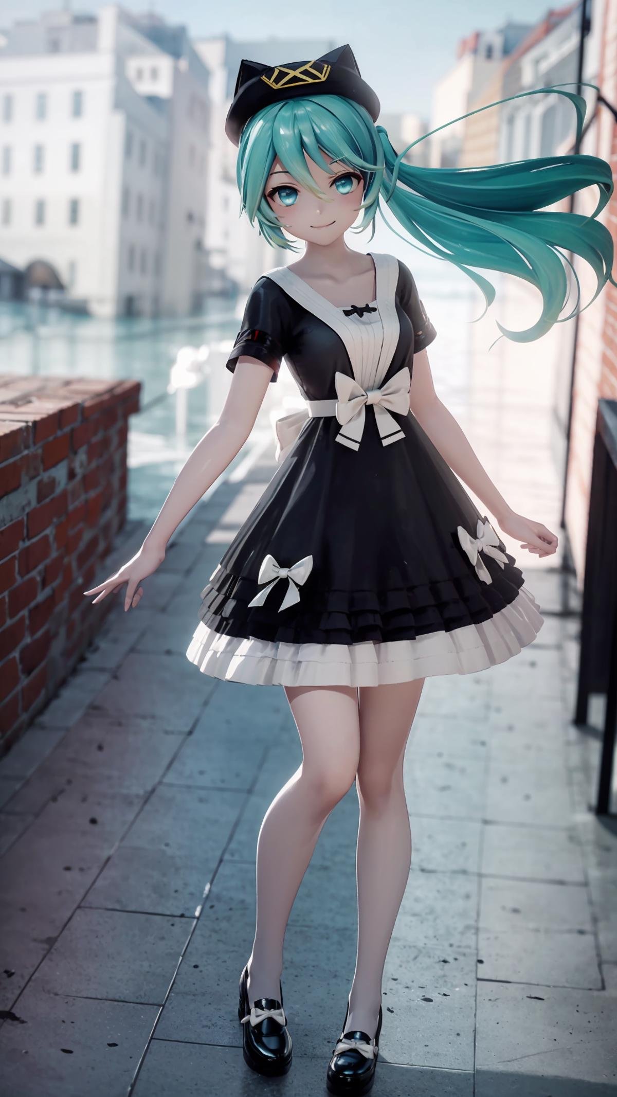 (masterpiece, best quality), ray tracing, absurdres, HDR,1girl, hatsune miku, yyb, solo, dress, long hair, hat, twintails, black dress, looking at viewer, smile, aqua hair, bow, aqua eyes, short sleeves, beret, blurry background, floating hair, white bow, black headwear <lora:miku_yyb:0.8>