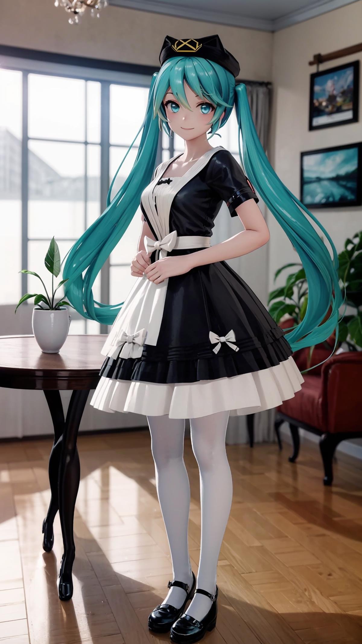 (masterpiece, best quality), ray tracing, absurdres, HDR,1girl, hatsune miku, yyb, solo, dress, long hair, aqua eyes, hat, mary janes, twintails, black dress, shoes, aqua hair, bow, white pantyhose, pantyhose, short sleeves, standing, beret,, white bow, full body, indoors, blue dress, table, flower,looking at viewer, smile<lora:miku_yyb:0.8>