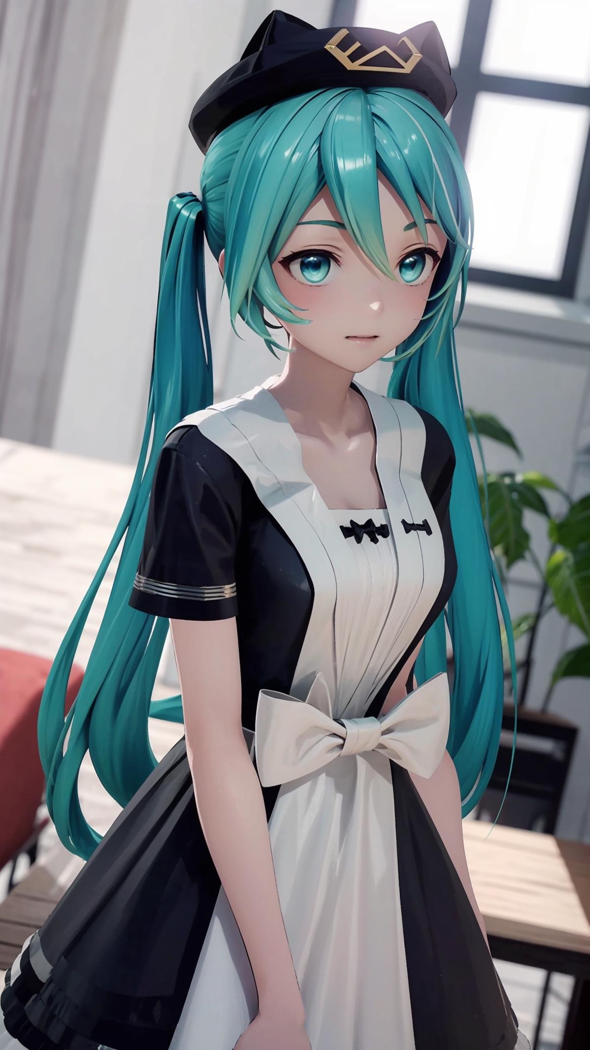 (masterpiece, best quality), ray tracing, absurdres, HDR, 1girl, hatsune miku, yyb, solo, dress, long hair, hat, twintails, black dress, aqua hair, bow, aqua eyes, short sleeves, beret, blurry background, white bow, black headwear, indoors, blue dress, looking to the side <lora:miku_yyb:0.8>