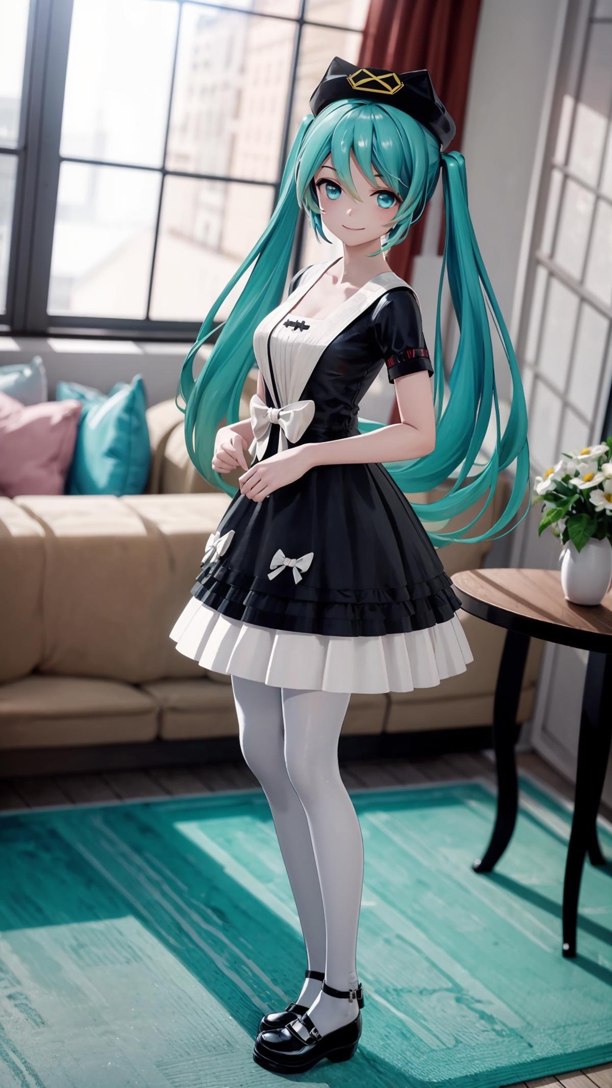 (masterpiece, best quality), ray tracing, absurdres, HDR,1girl, hatsune miku, yyb, solo, dress, long hair, aqua eyes, hat, mary janes, twintails, black dress, shoes, aqua hair, bow, white pantyhose, pantyhose, short sleeves, standing, beret,, white bow, full body, indoors, blue dress, table, flower,looking at viewer, smile<lora:miku_yyb:0.8>