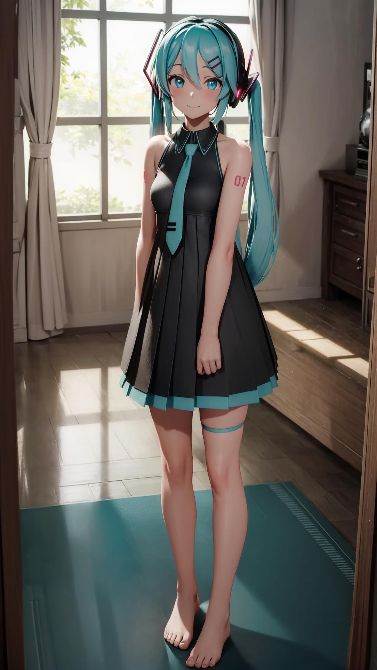 (masterpiece, best quality), ray tracing, absurdres, HDR, 1girl, hatsune miku, sour, solo, long hair, necktie, dress, twintails, full body, sleeveless, hair ornament,bare arms, black dress, aqua hair, standing, bare shoulders, barefoot, sleeveless dress, , hairclip, aqua eyes, headphones, pleated dress,smile,looking at viewer,  thigh strap,closed mouth, indoors,living room, <lora:miku_sour:0.8>